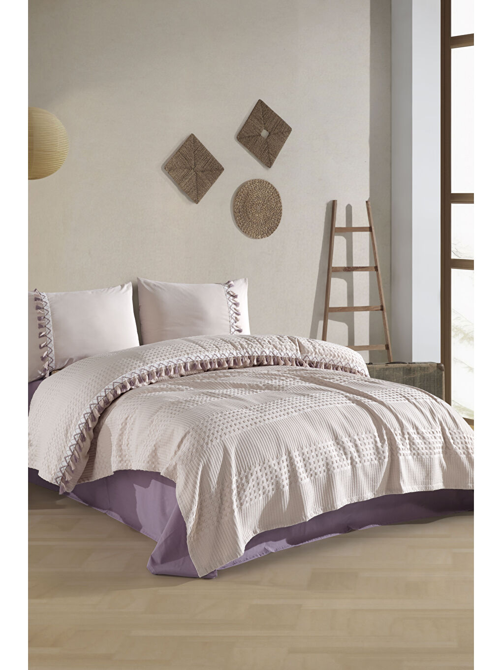 Bej Butik Çift Kişilik Püsküllü Pike Takımı Bohamline Taş Rengi-1