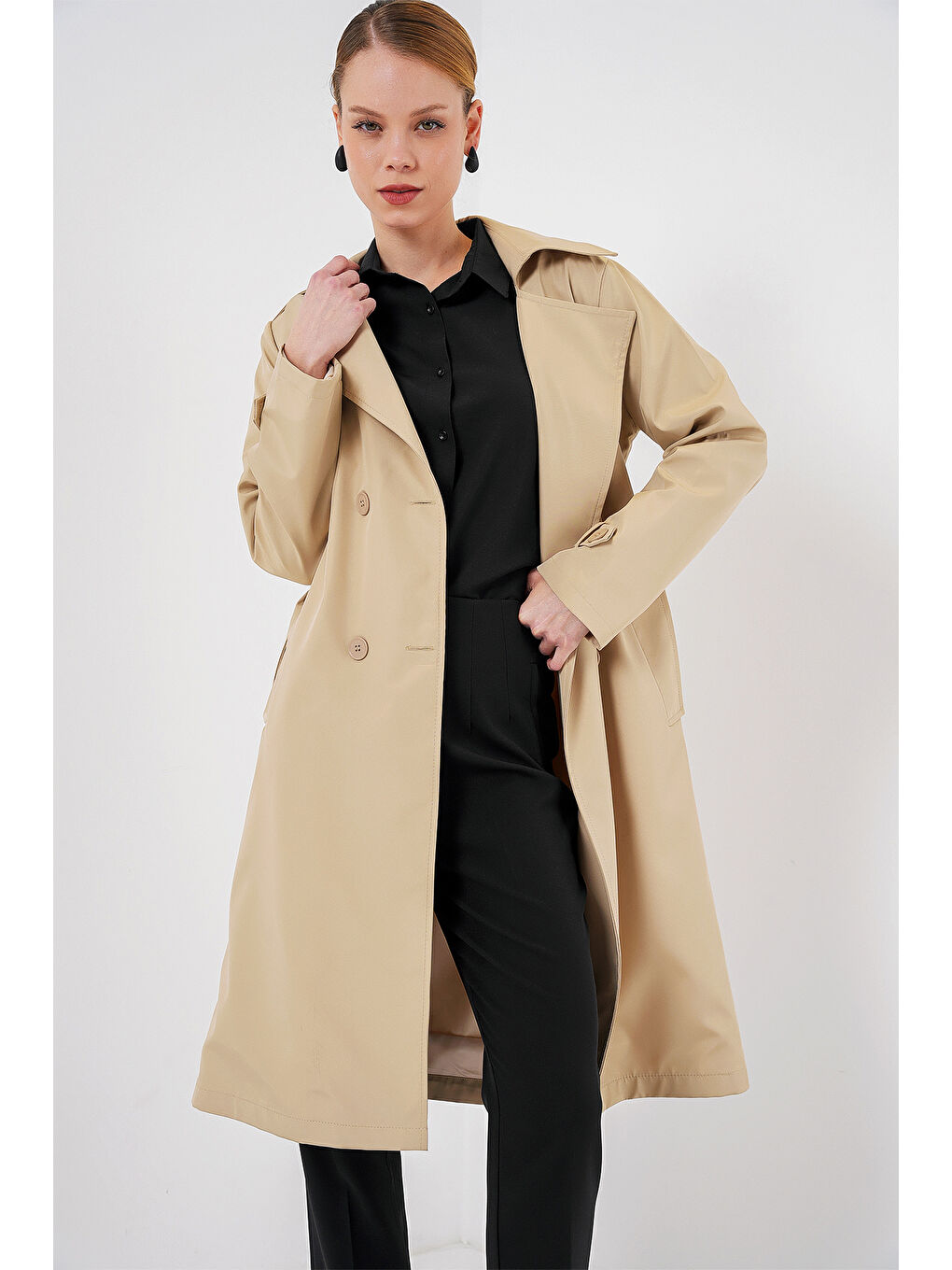 5918 Kruvaze Yaka Trençkot - K. Bej-2