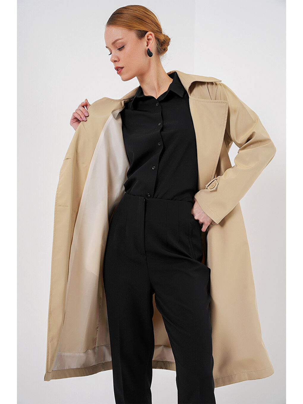 5918 Kruvaze Yaka Trençkot - K. Bej-3