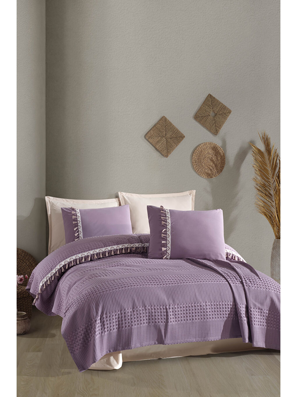 Butik Tek Kişilik Püsküllü Pike Takımı Bohamline Lila-1