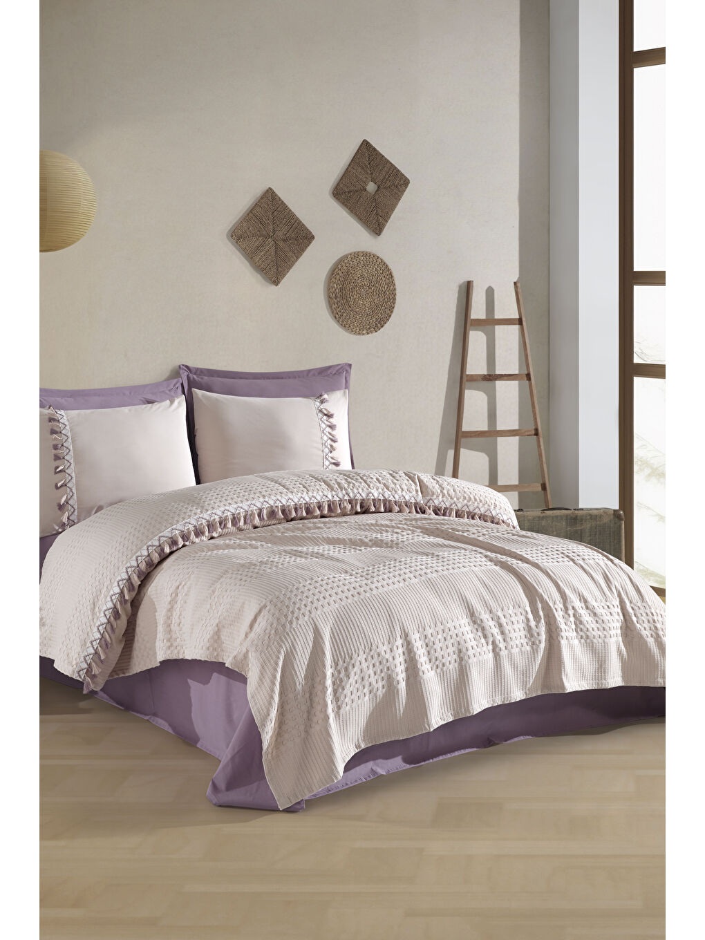 Bej Butik Çift Kişilik Püsküllü Pike Takımı Bohamline Taş Rengi-2