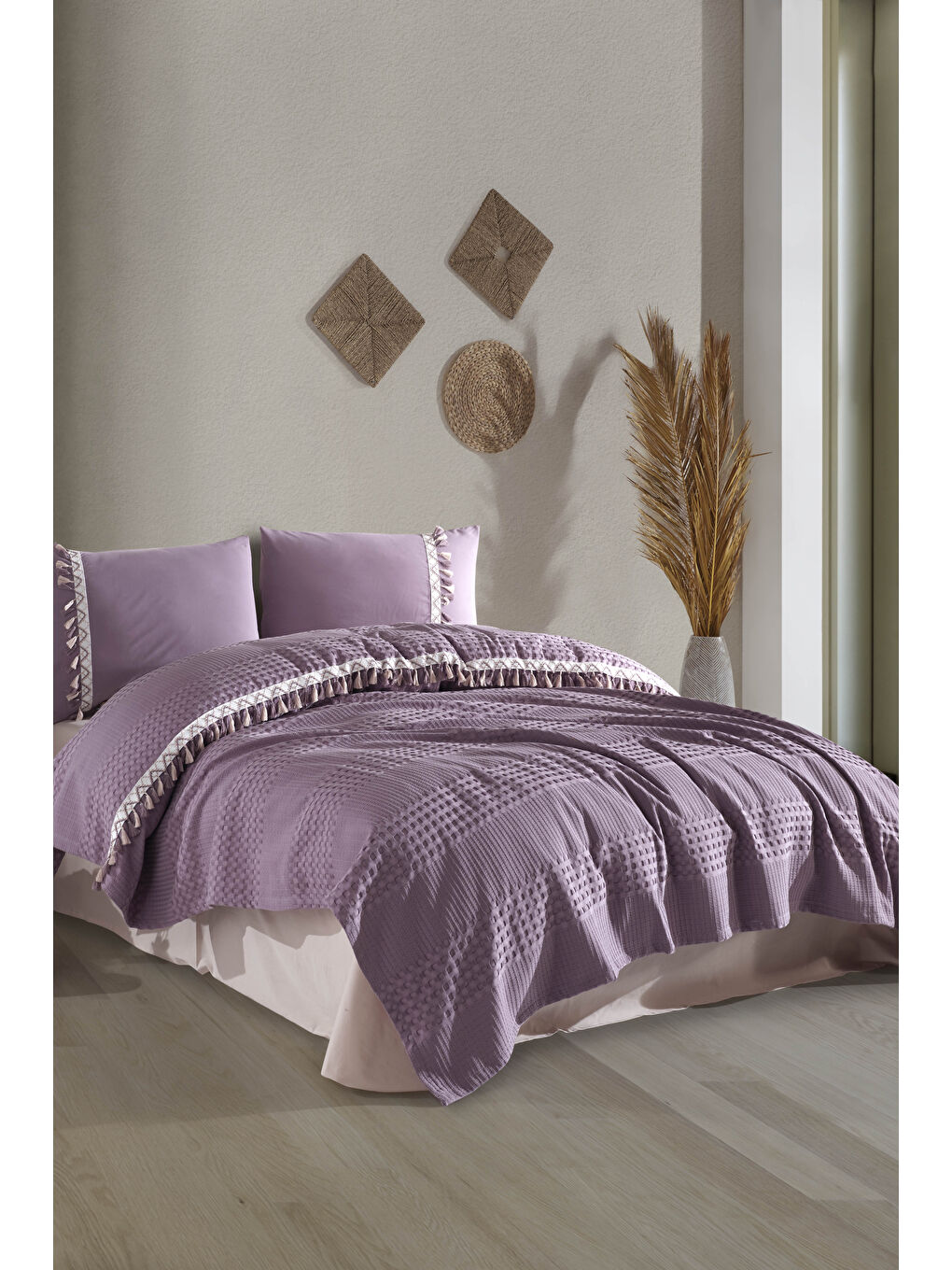 Butik Tek Kişilik Püsküllü Pike Takımı Bohamline Lila-2