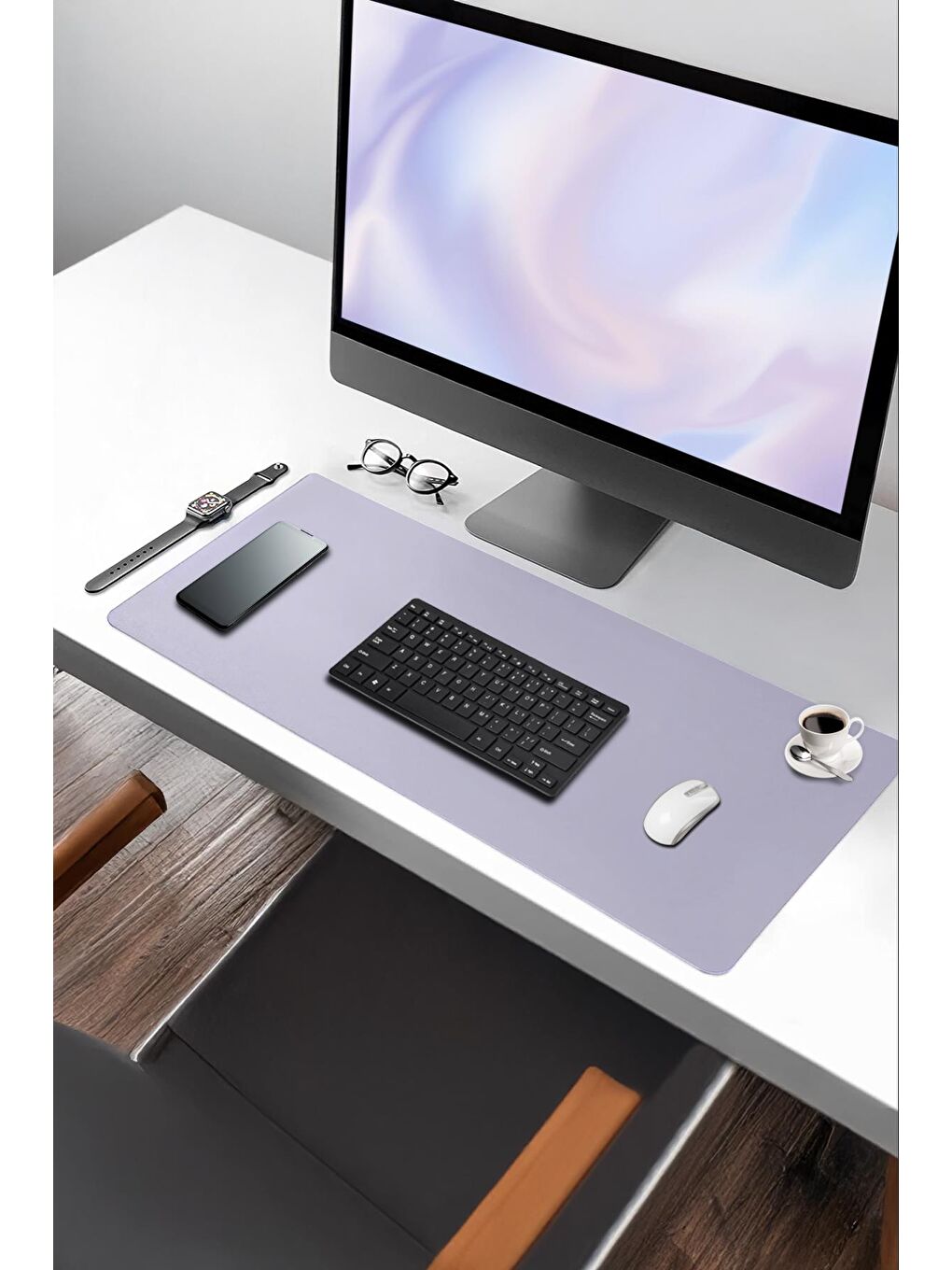 Lila Deri 90x40 XL Mouse Pad Dikişli Kenar Çift Yönlü Kullanım Masa Matı Sümen-1