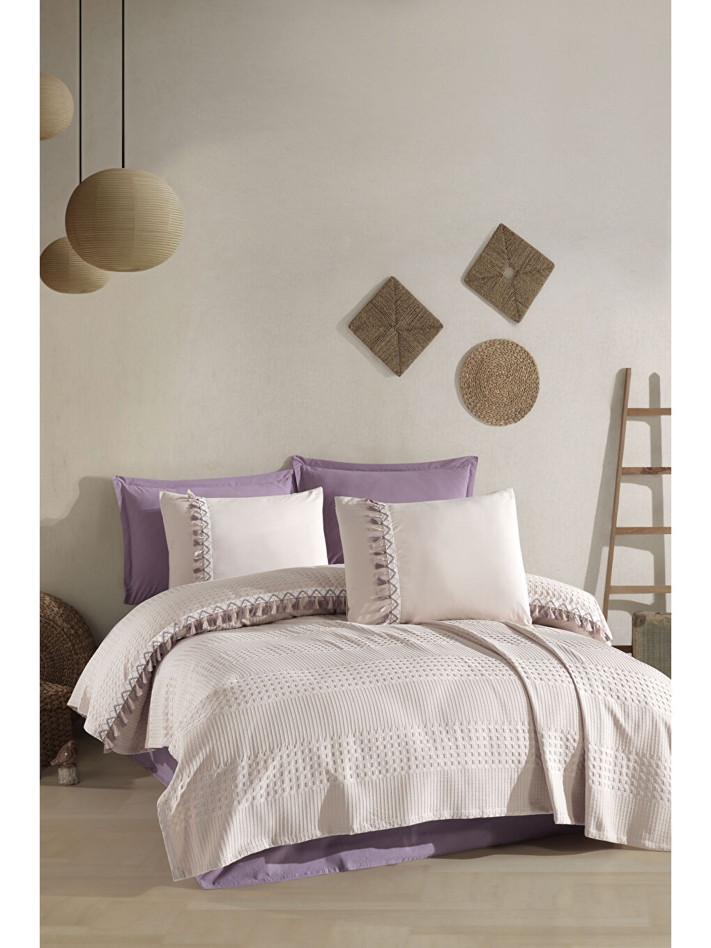 Bej Butik Çift Kişilik Püsküllü Pike Takımı Bohamline Taş Rengi-3