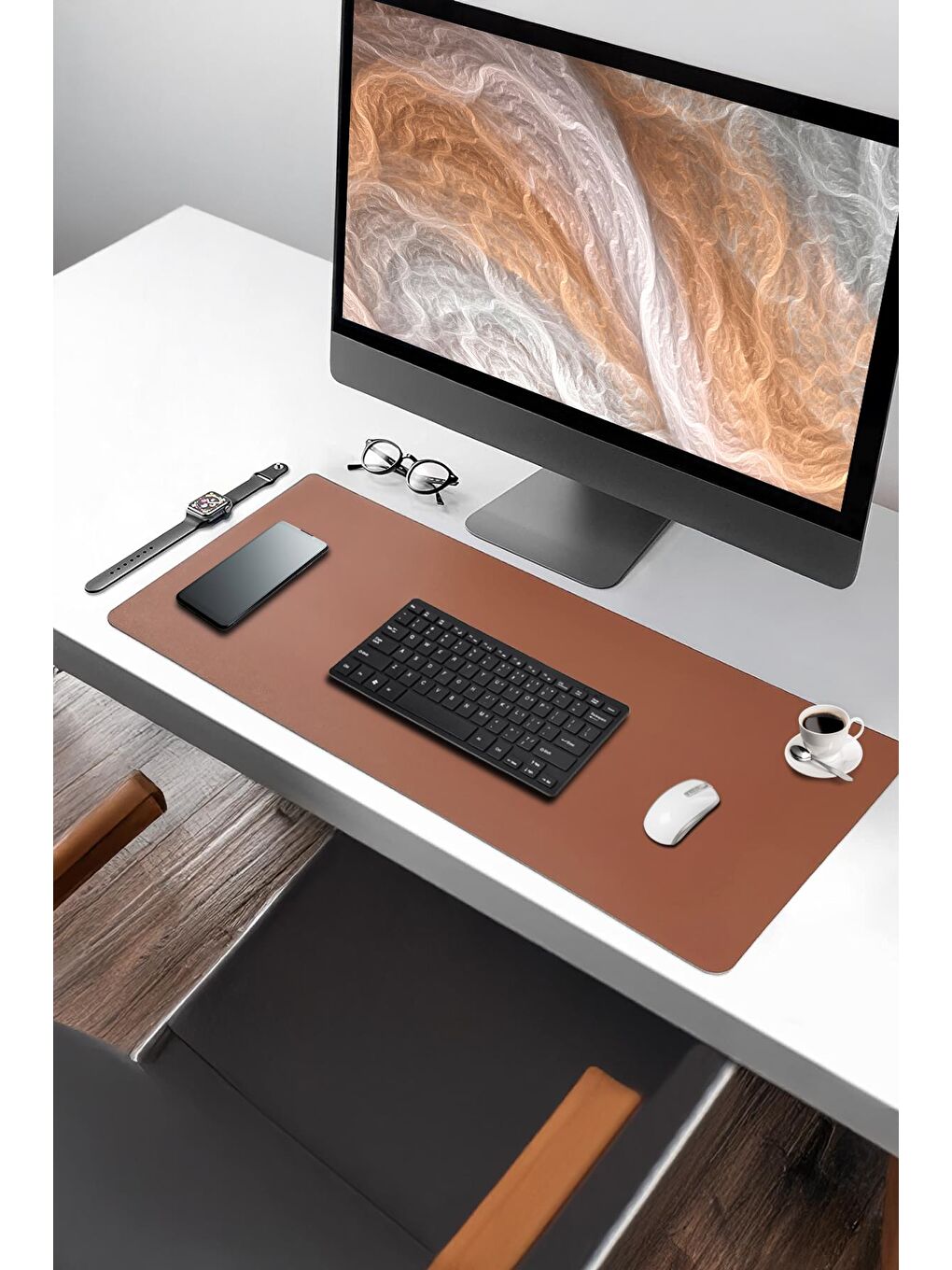 Kenarı Dikişli Çift Yönlü Masa Matı 90x40 cm XL Deri Mouse Pad-1