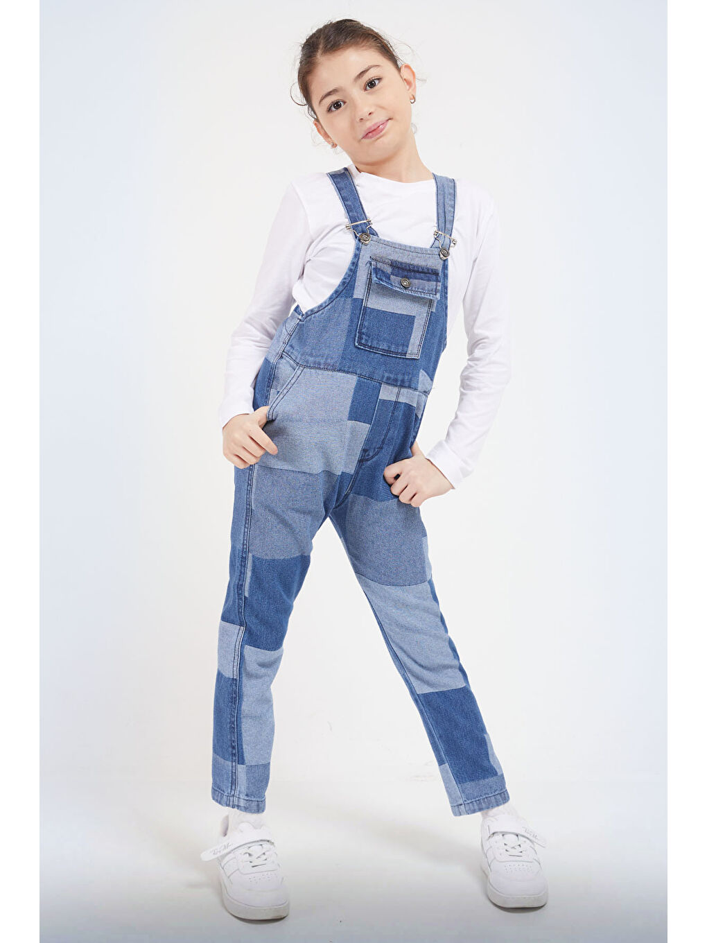 Mavi Kare Desenli Kız Çocuk Jean Salopet Tulum 17612-1