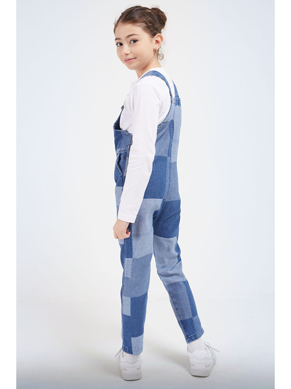 Mavi Kare Desenli Kız Çocuk Jean Salopet Tulum 17612-2