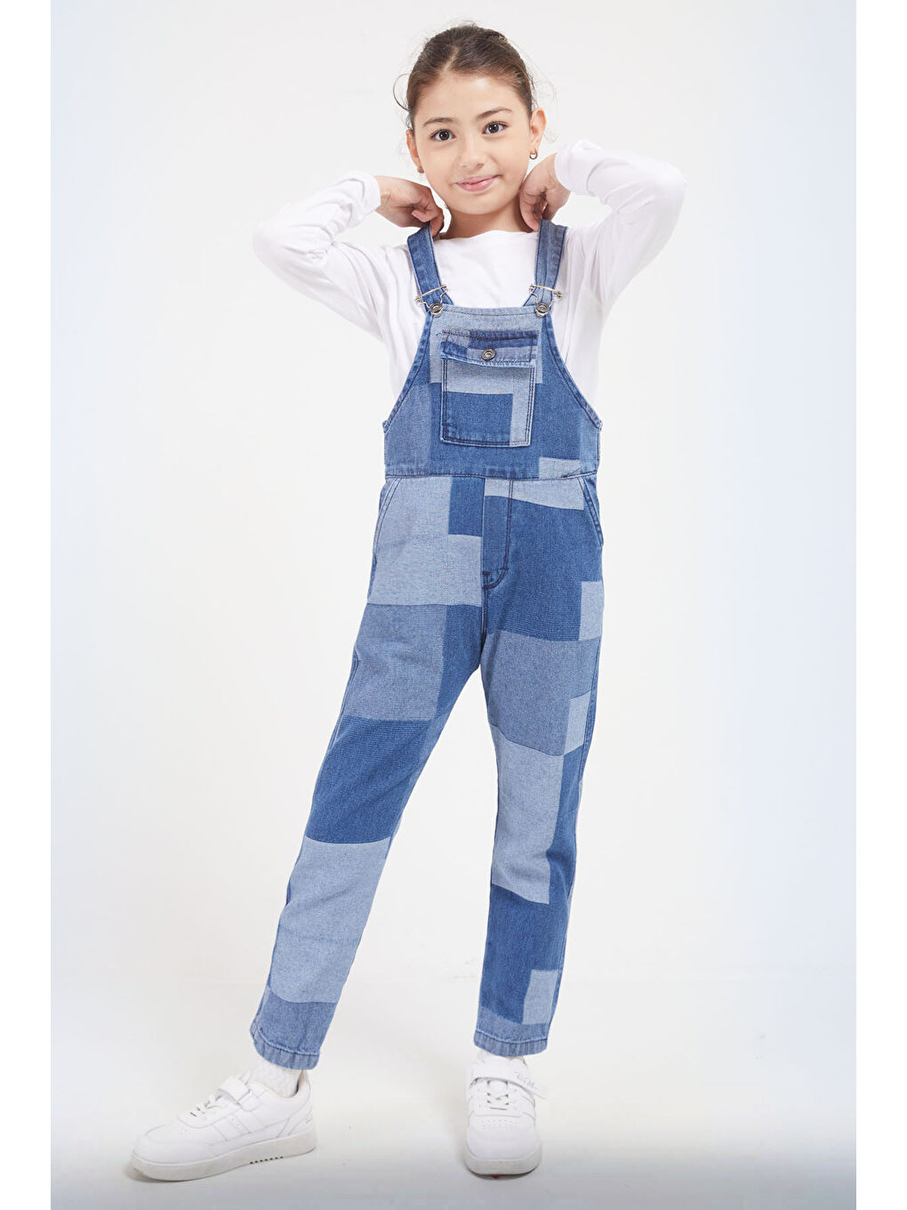 Mavi Kare Desenli Kız Çocuk Jean Salopet Tulum 17612-3