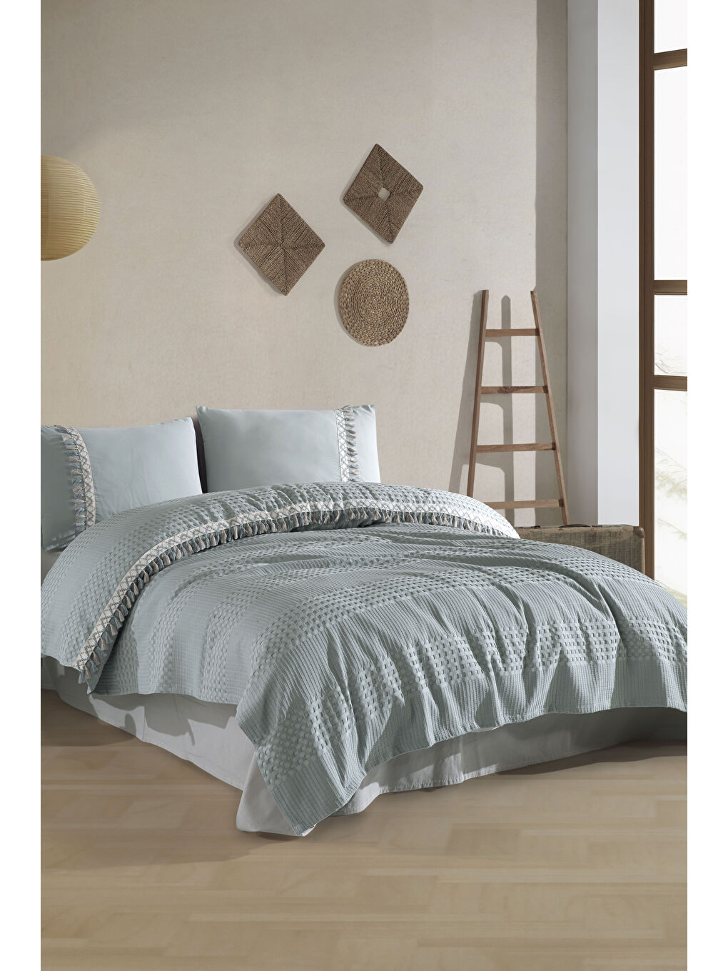 Yeşil Butik Tek Kişilik Püsküllü Pike Takımı Bohamline Mint-2