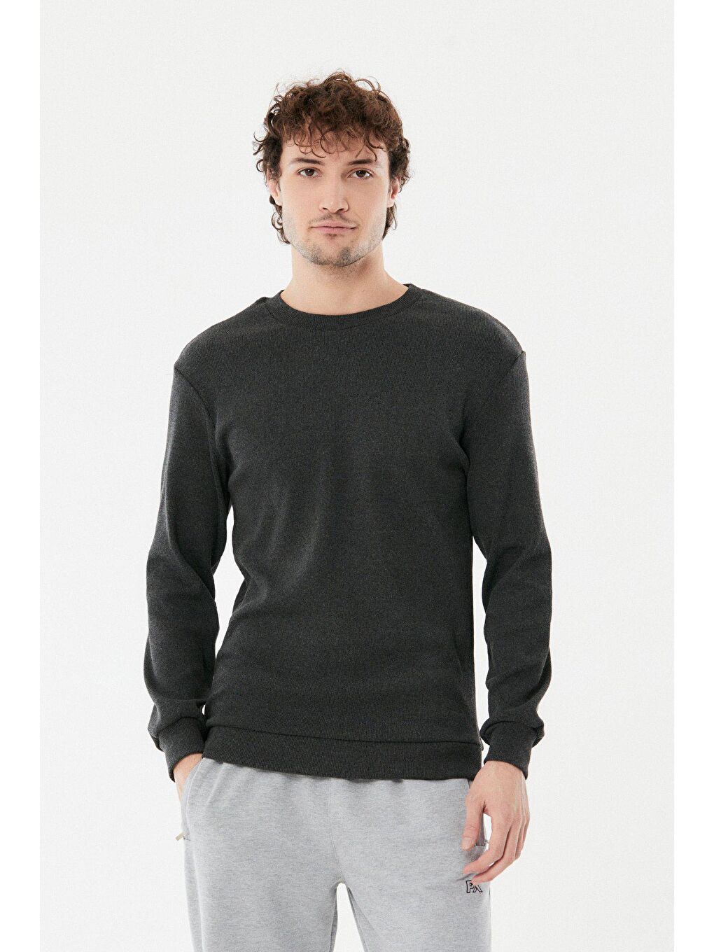 Antrasit Basic Fitilli Bisiklet Yaka Sweatshirt