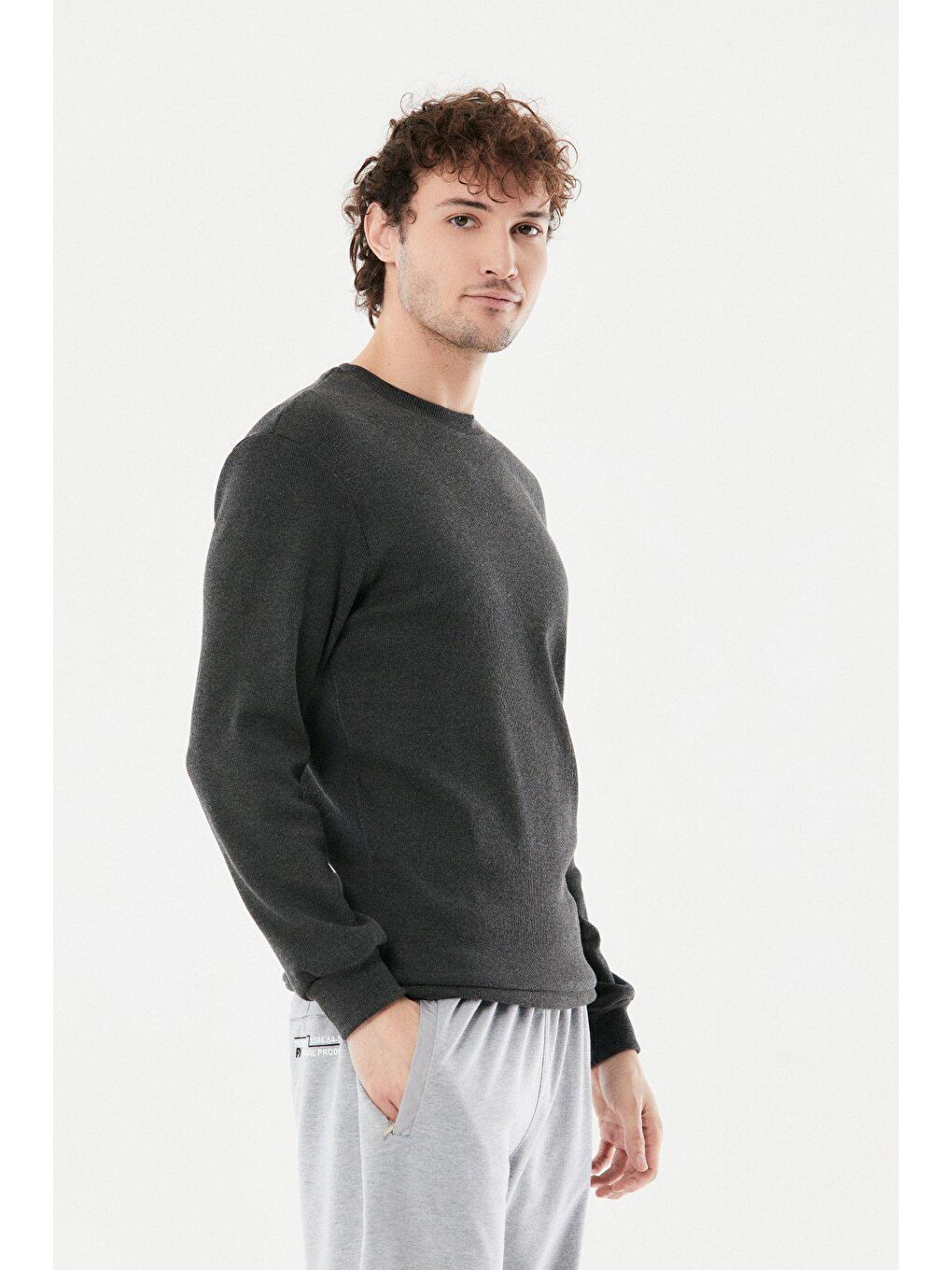 Antrasit Basic Fitilli Bisiklet Yaka Sweatshirt-2