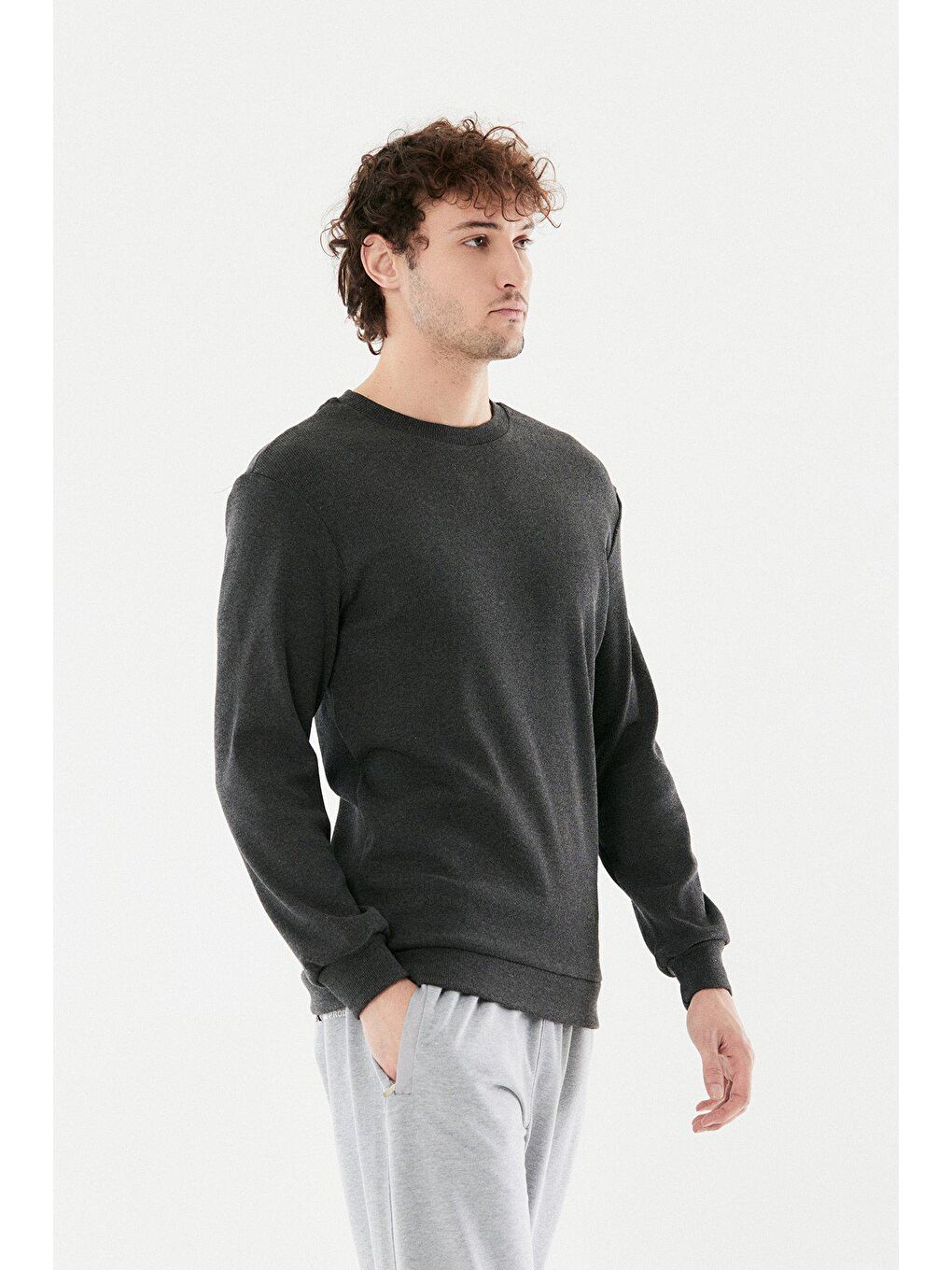 Antrasit Basic Fitilli Bisiklet Yaka Sweatshirt-3