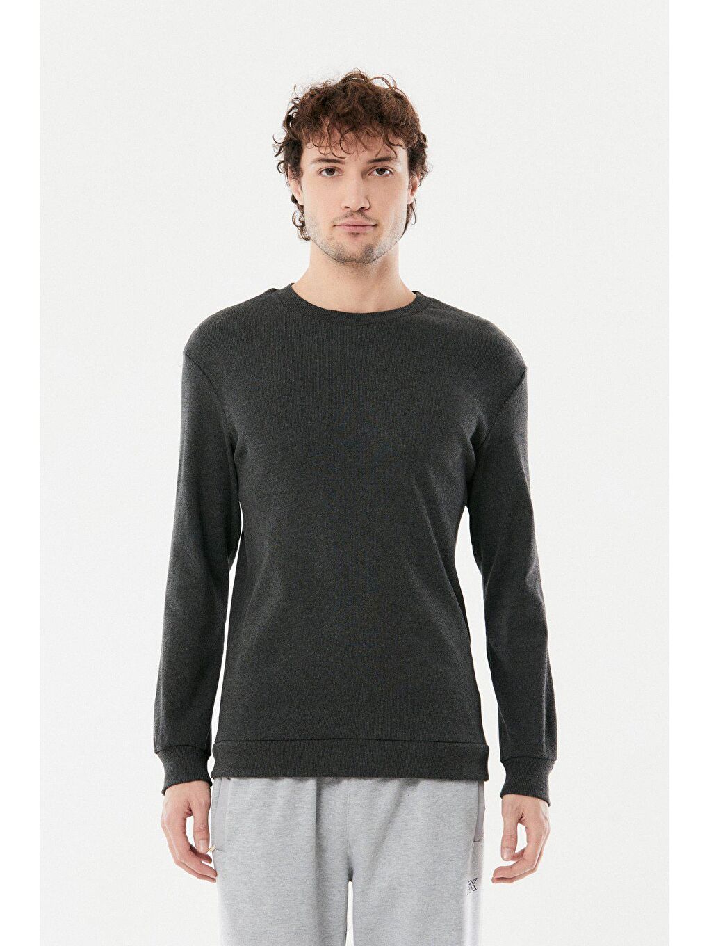 Antrasit Basic Fitilli Bisiklet Yaka Sweatshirt-4