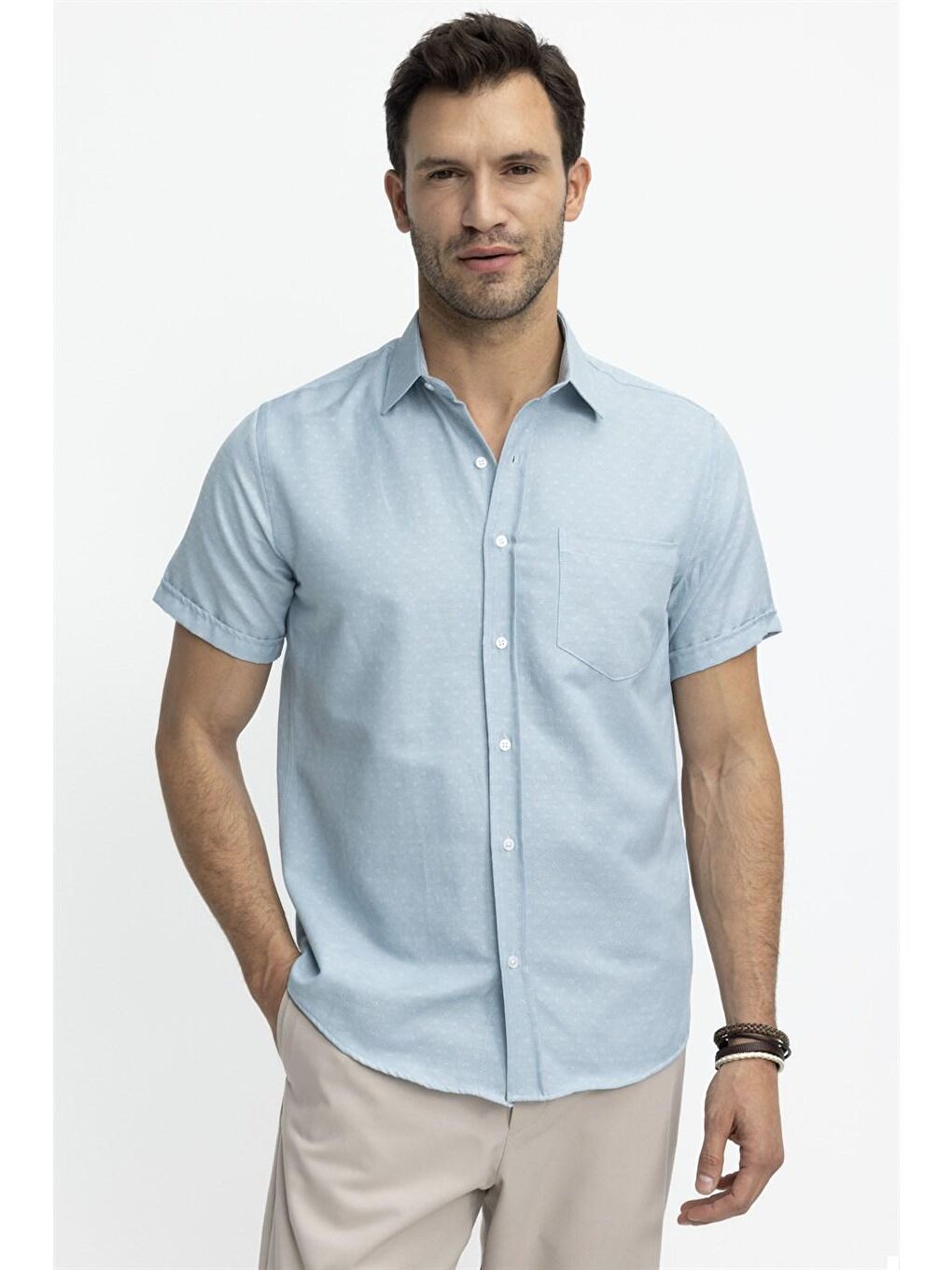 Tudors Klasik Fit Kısa Kol Oxford Doku Armürlü Kravatlık Yeşil Gömlek