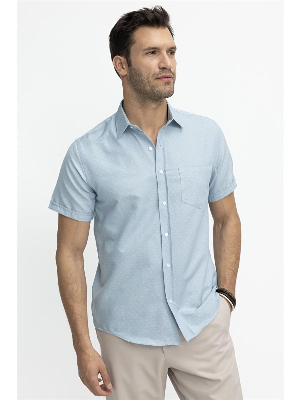 Tudors Klasik Fit Kısa Kol Oxford Doku Armürlü Kravatlık Yeşil Gömlek-1