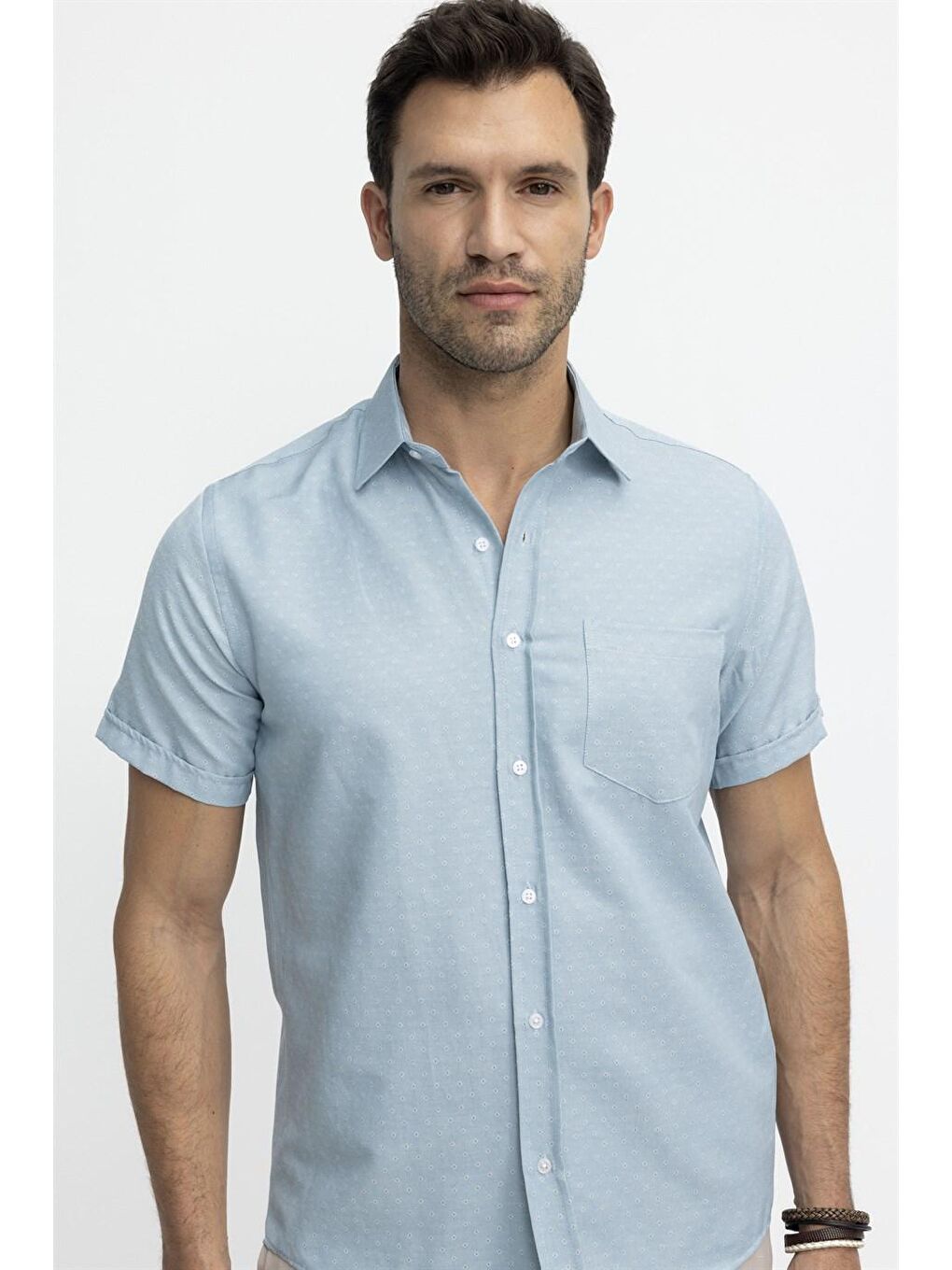 Tudors Klasik Fit Kısa Kol Oxford Doku Armürlü Kravatlık Yeşil Gömlek-2