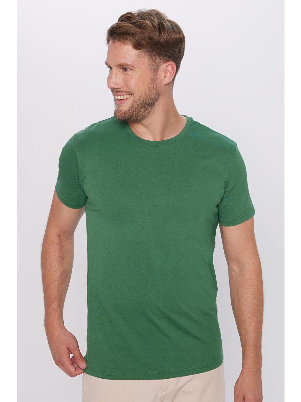 TUDORS Erkek Slim Fit Yeşil Bisiklet Yaka %100 Pamuk Dar Kesim Basic Tişört