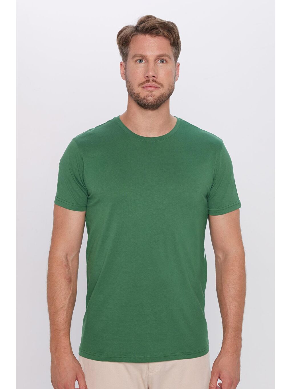TUDORS Erkek Slim Fit Yeşil Bisiklet Yaka %100 Pamuk Dar Kesim Basic Tişört - 1