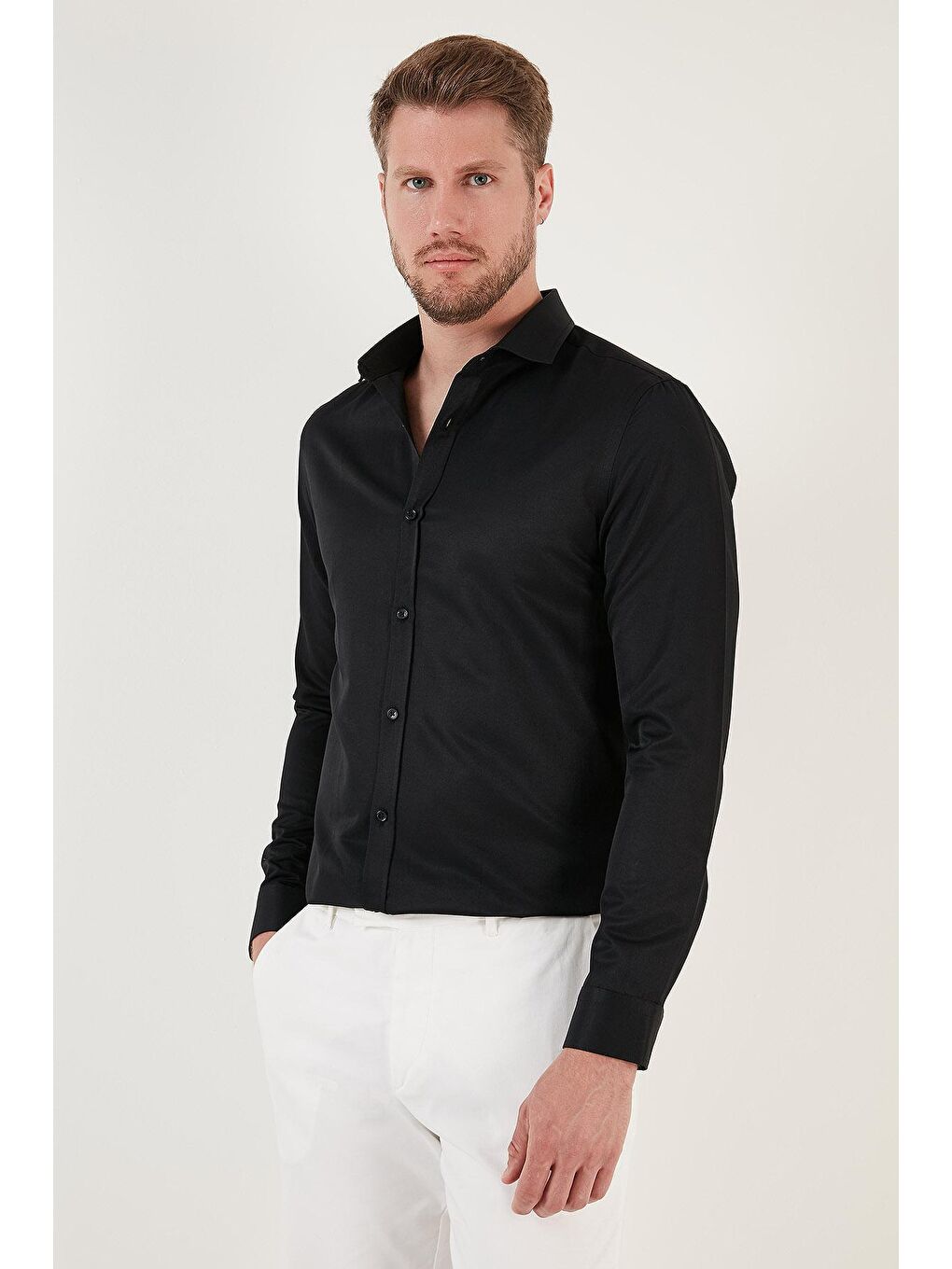 Siyah Pamuk Karışımlı Uzun Kollu Slim Fit Gömlek CF23S7491-2