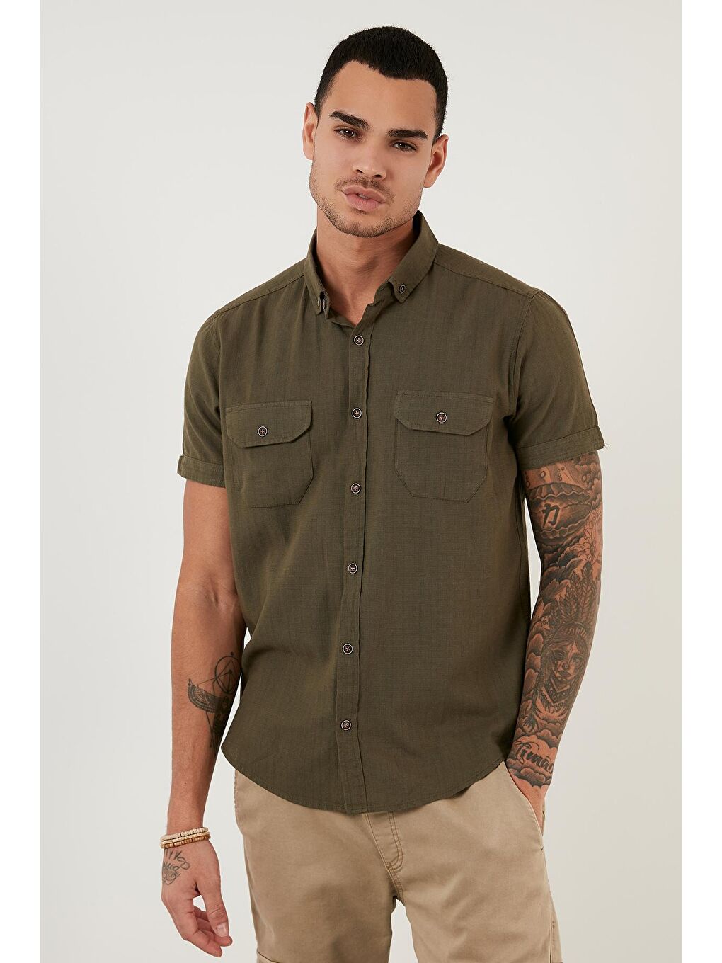 Petrol Düğmeli Yaka %100 Pamuk Cepli Gömlek CF21S111153-1