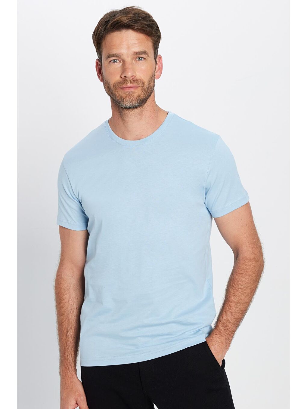 TUDORS Erkek Slim Fit Mavi Bisiklet Yaka %100 Pamuk Dar Kesim Basic Tişört