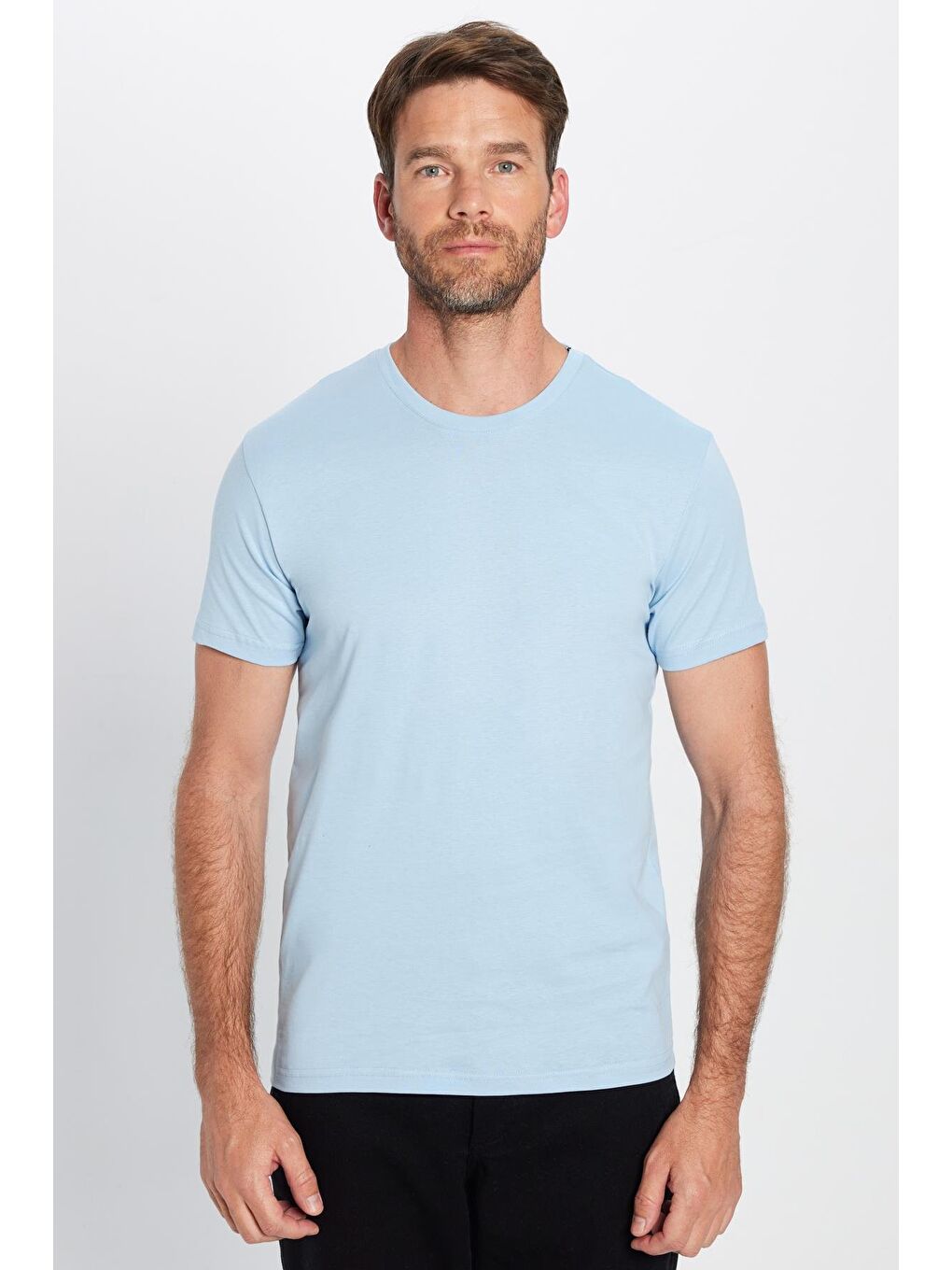TUDORS Erkek Slim Fit Mavi Bisiklet Yaka %100 Pamuk Dar Kesim Basic Tişört - 3