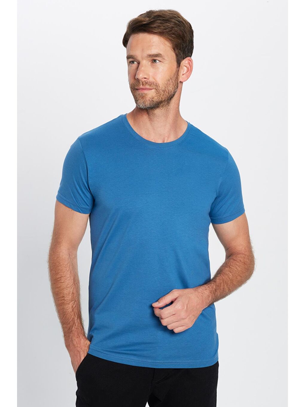 TUDORS Erkek Slim Fit Mavi Bisiklet Yaka %100 Pamuk Dar Kesim Basic Tişört - 2