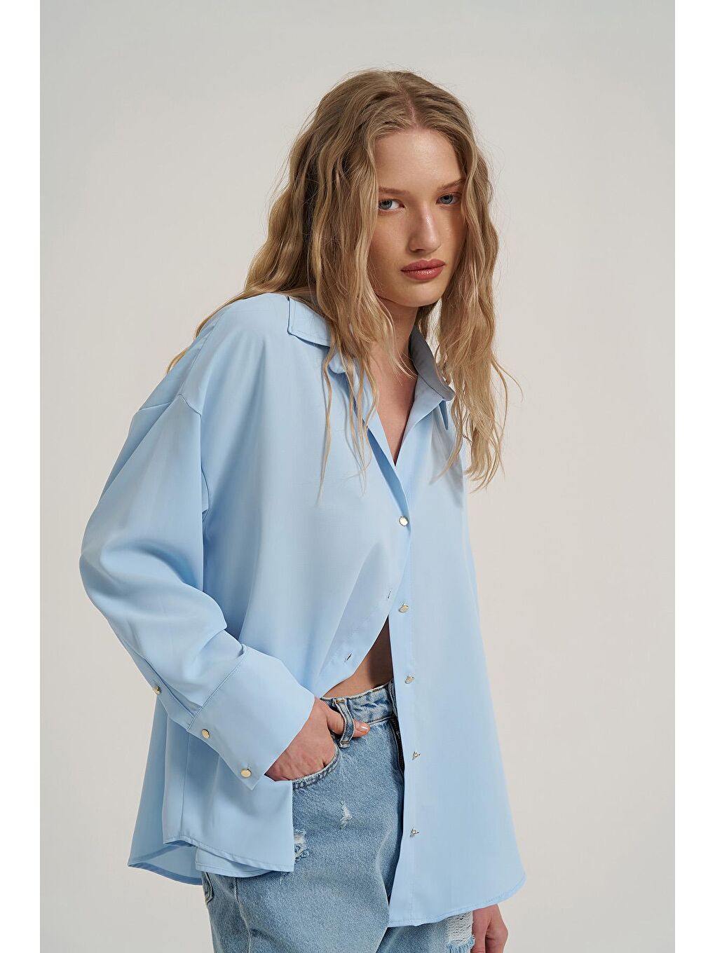 Düğmeli Basic Gömlek Bebe Mavi-3