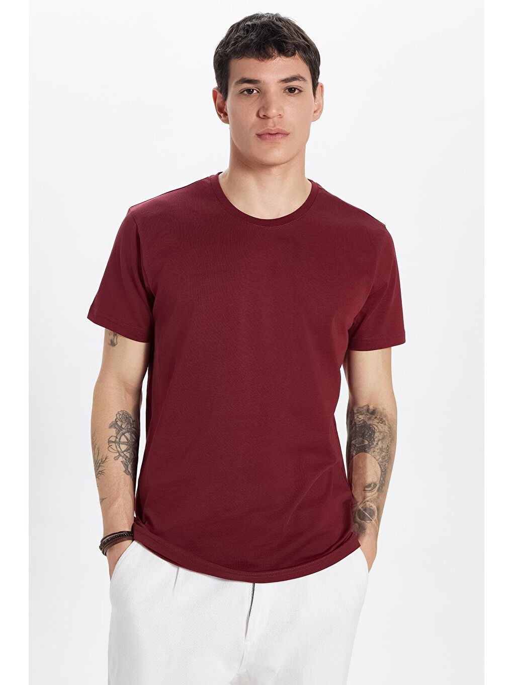 TUDORS Erkek Slim Fit Bordo Bisiklet Yaka %100 Pamuk Dar Kesim Basic Tişört - 1
