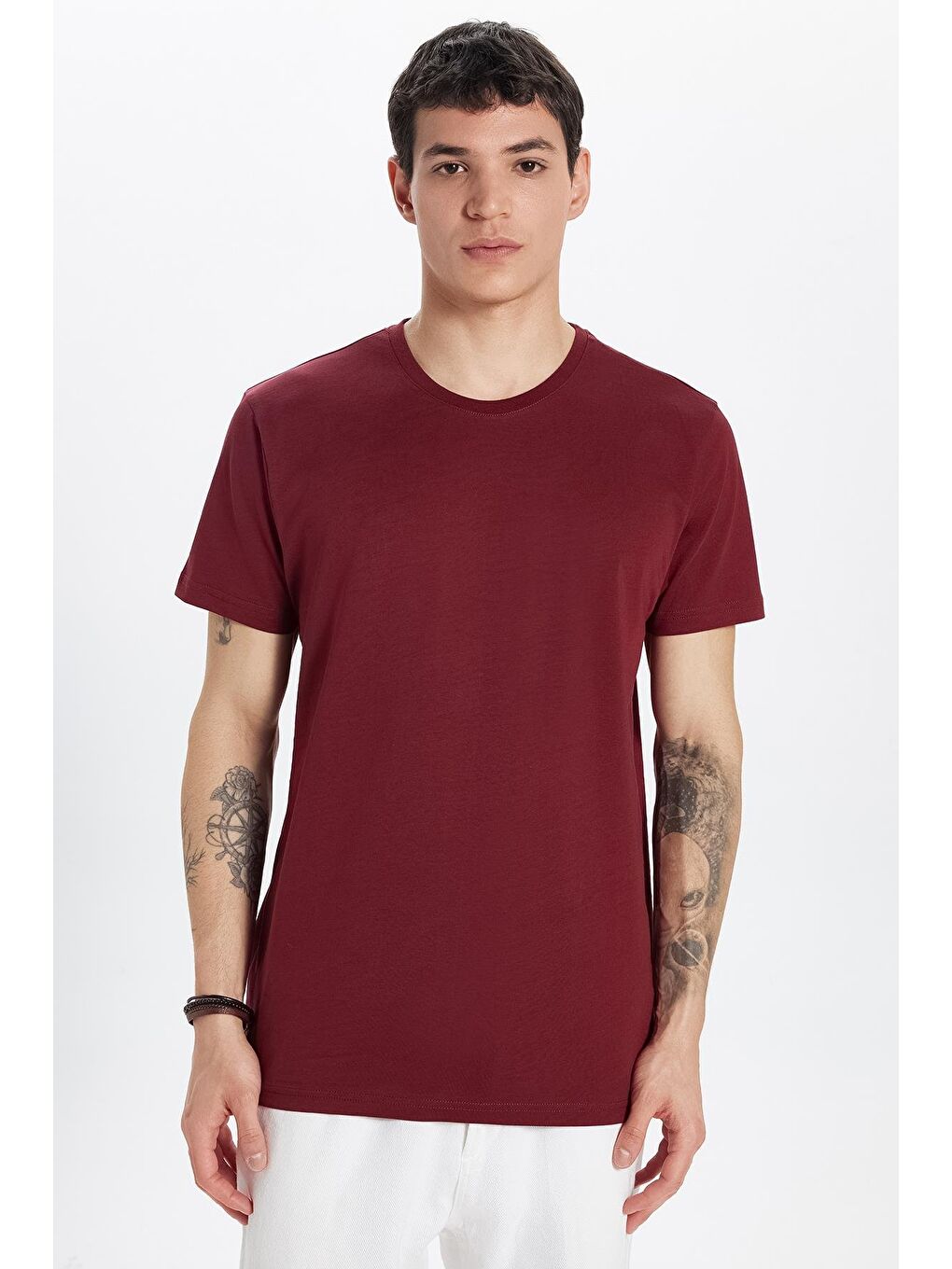 TUDORS Erkek Slim Fit Bordo Bisiklet Yaka %100 Pamuk Dar Kesim Basic Tişört - 3
