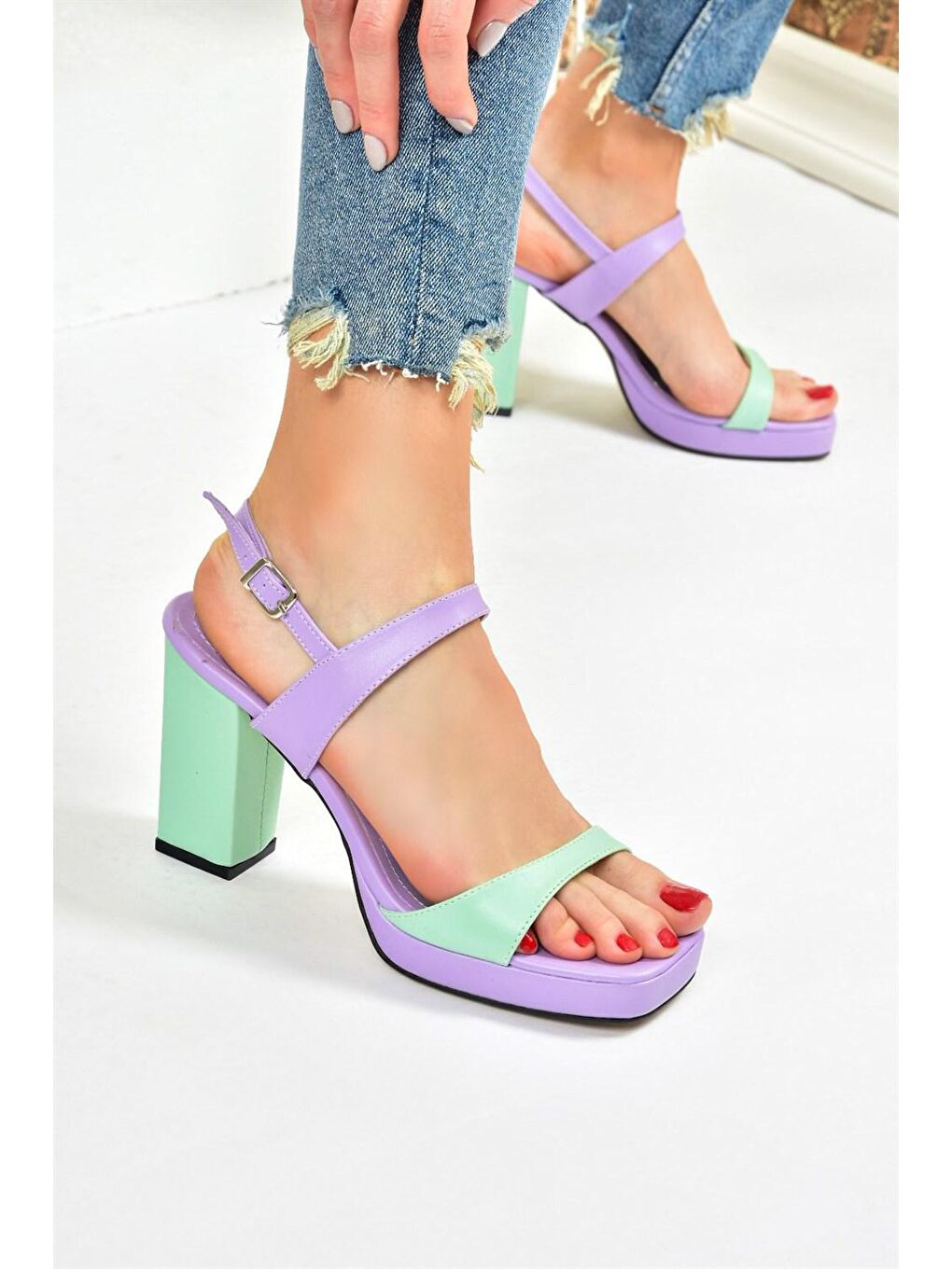 Lila/Yeşil Kalın Platform Topuklu Kadın Ayakkabı M282062309-4