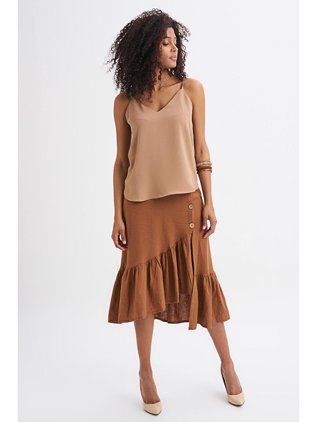 Sarı Askılı V Yaka Bluz Camel-1