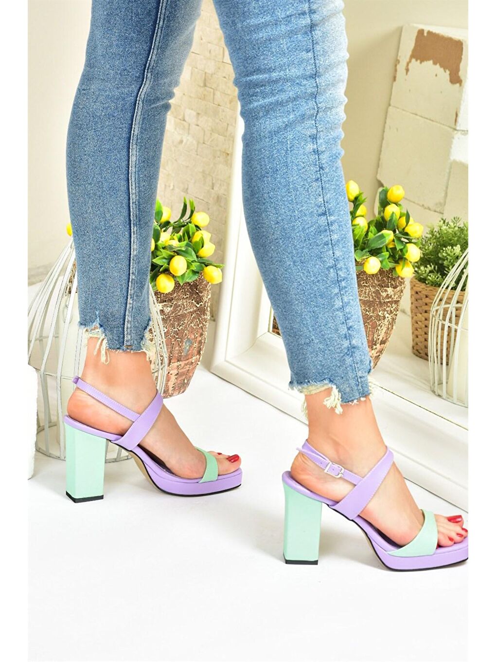 Lila/Yeşil Kalın Platform Topuklu Kadın Ayakkabı M282062309-1