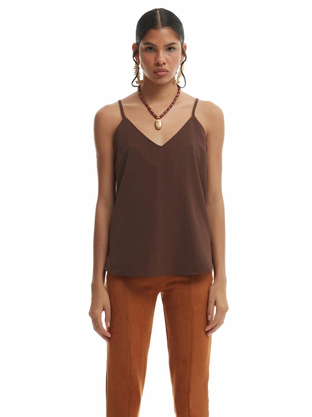 Kahverengi Askılı V Yaka Bluz Koyu Kahve-2