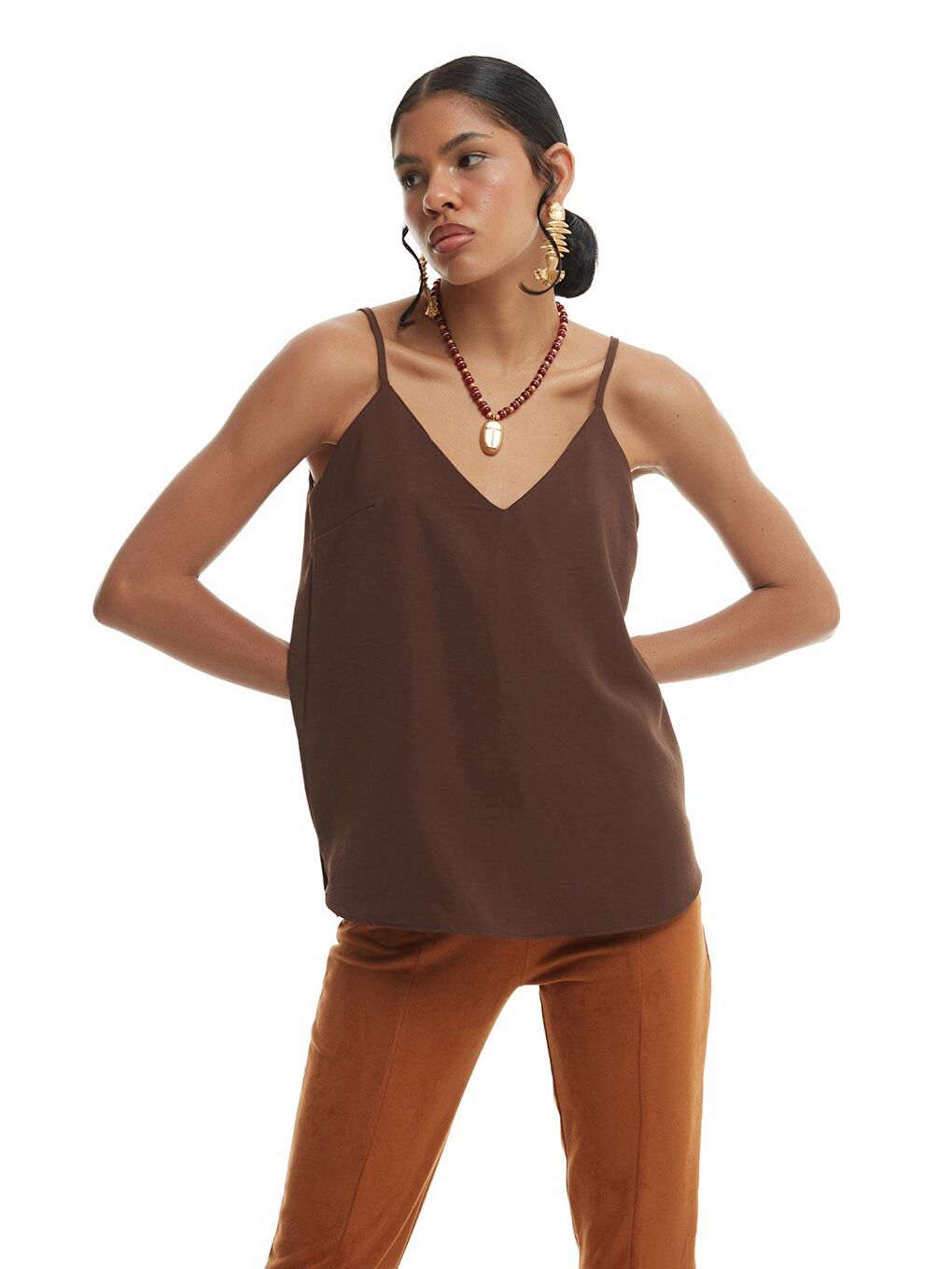 Kahverengi Askılı V Yaka Bluz Koyu Kahve-3