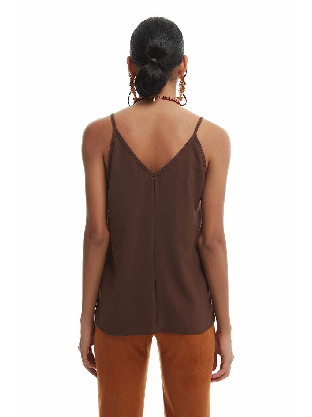 Kahverengi Askılı V Yaka Bluz Koyu Kahve-4