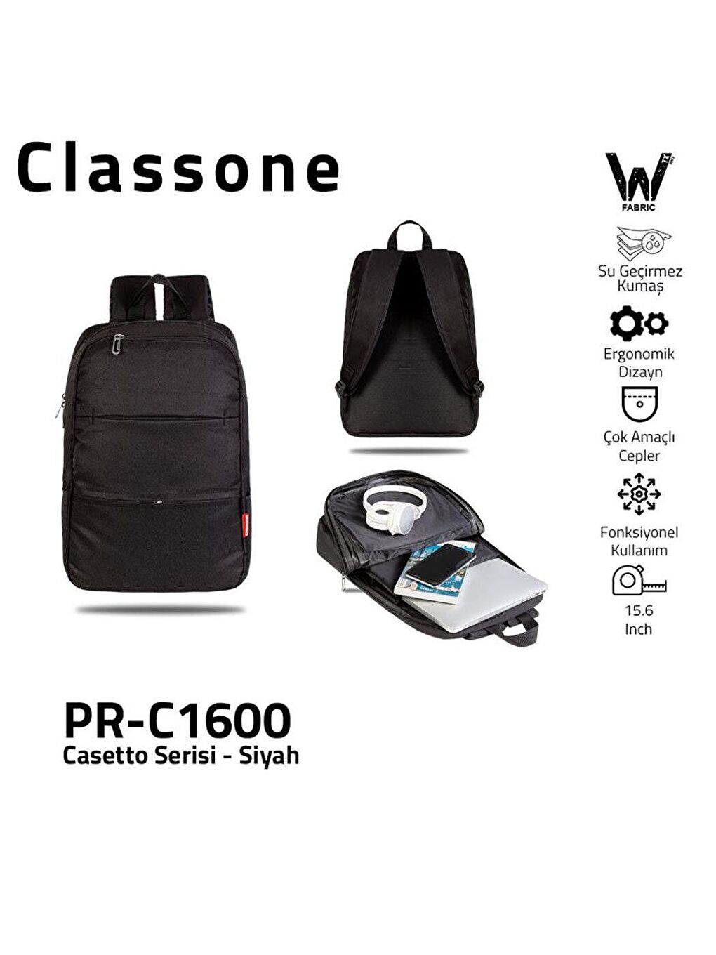 Classone Yeni Siyah C1600 Su Gerçirmez 15,6¨Notebook Sırt Çanta