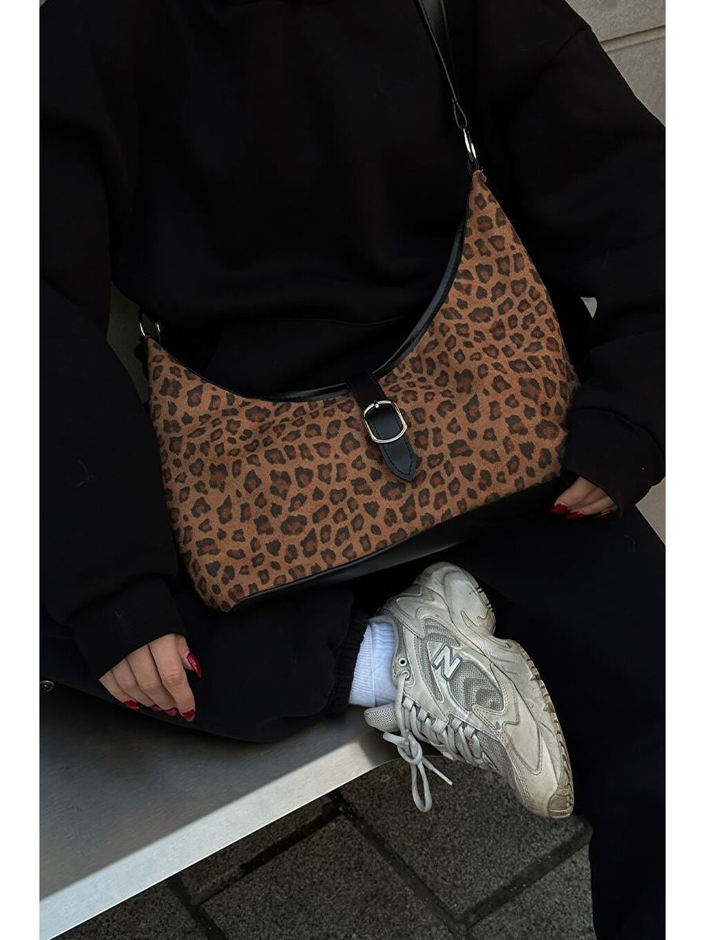 Karışık Marilla Süet Vintage Omuz Çantası Leopar Desen-4