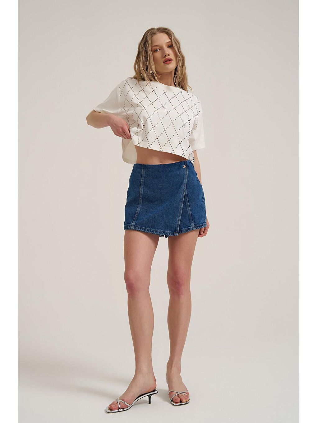 Düğme Detaylı Jean Şort Etek Mavi-2