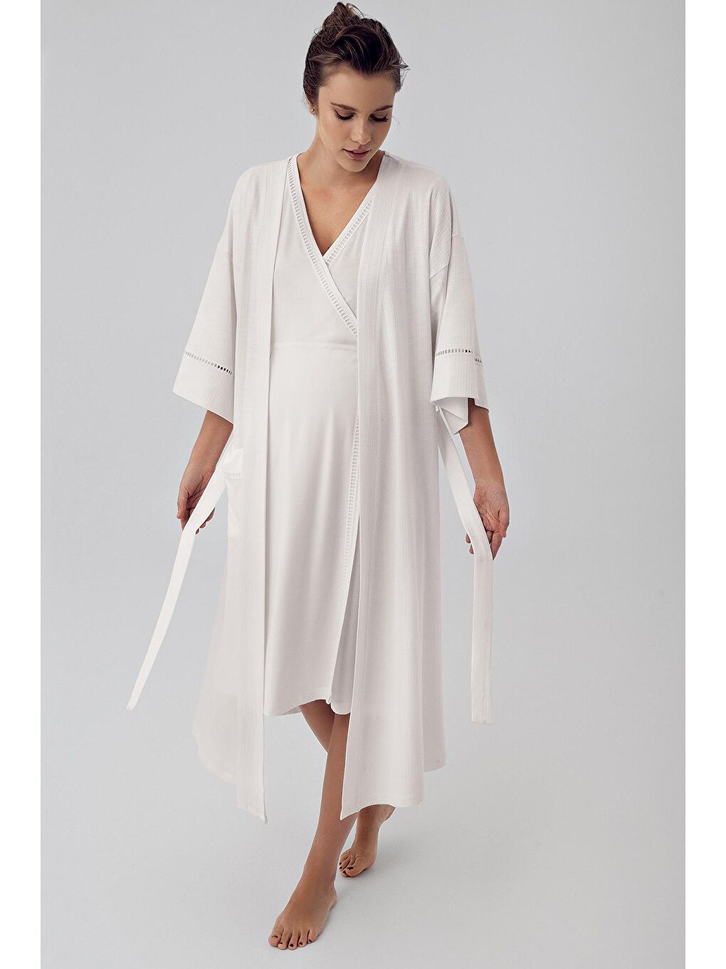 Ekru Kısa Kollu Esnek Viskon Hamile Sabahlık Gecelik Takım 16400