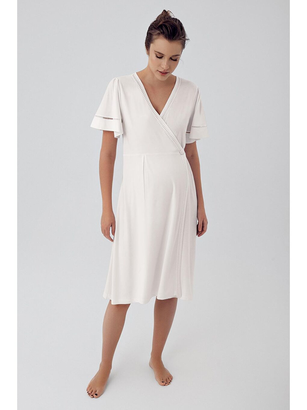 Ekru Kısa Kollu Esnek Viskon Hamile Sabahlık Gecelik Takım 16400-1