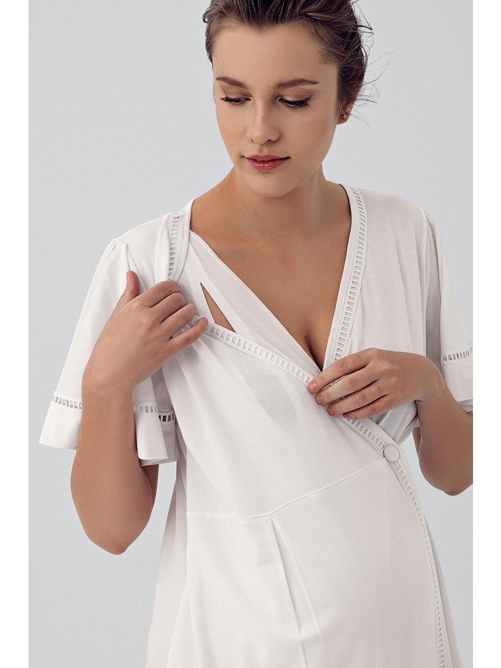 Ekru Kısa Kollu Esnek Viskon Hamile Sabahlık Gecelik Takım 16400-3