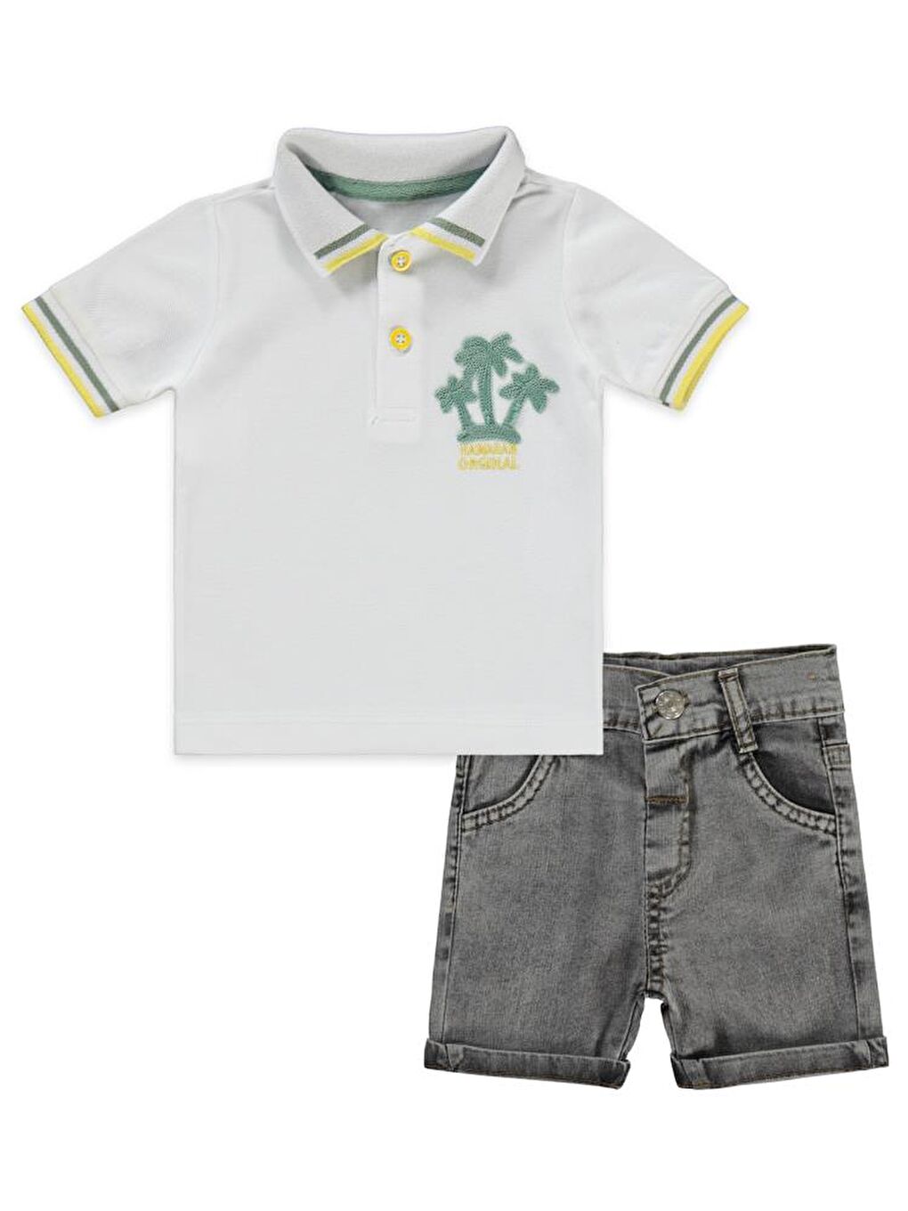 Pike Palmiye Tişört Jean Şortlu 2'li 6-18 Ay Takım - Beyaz 6-9 Ay-1