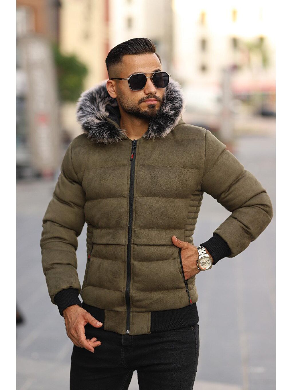 Haki Erkek Kapüşonu Kürklü Şişme Süet Mont