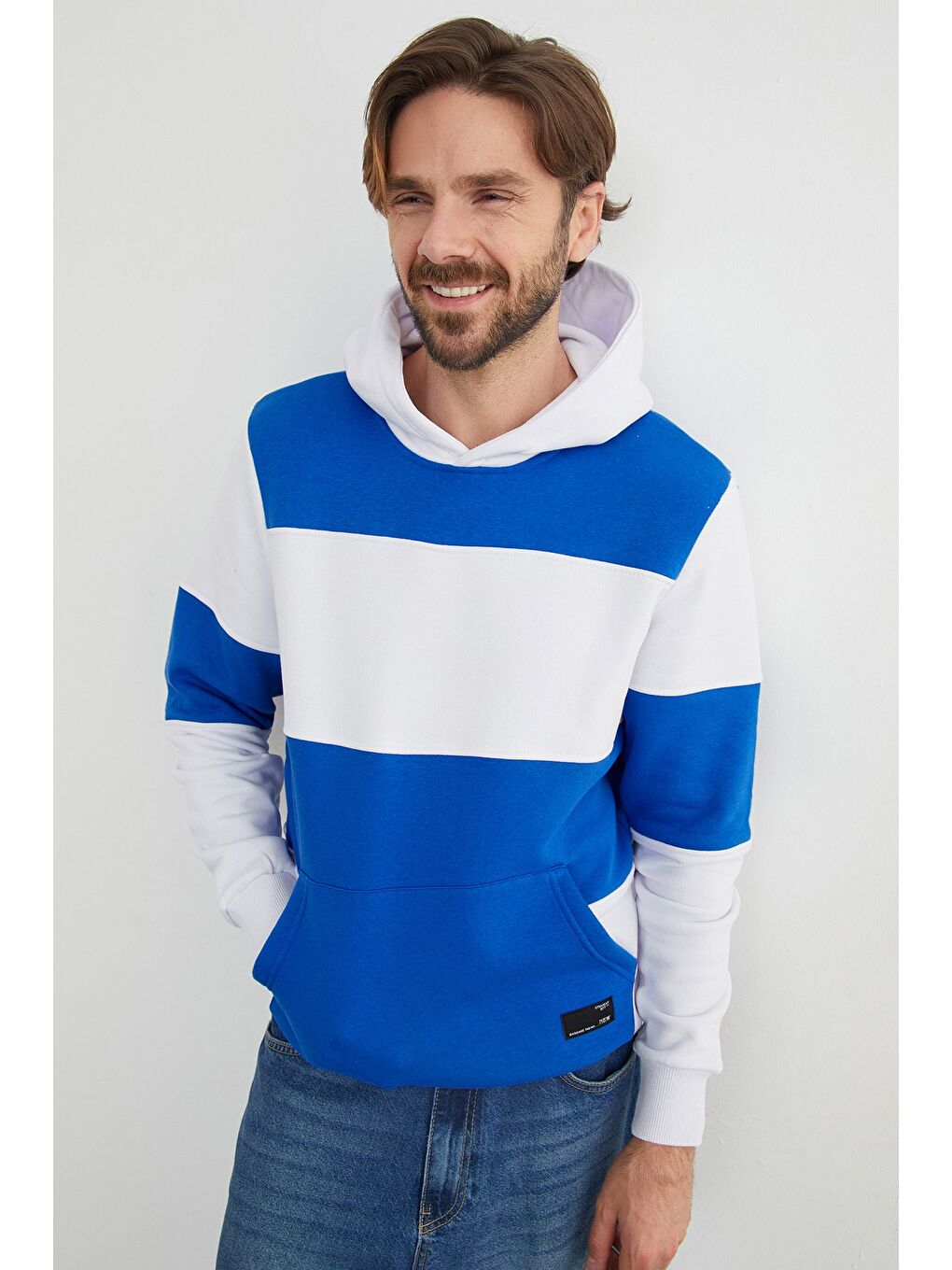 Mavi Renk Bloklu Kanguru Cepli Kapüşonlu Erkek Hoodie