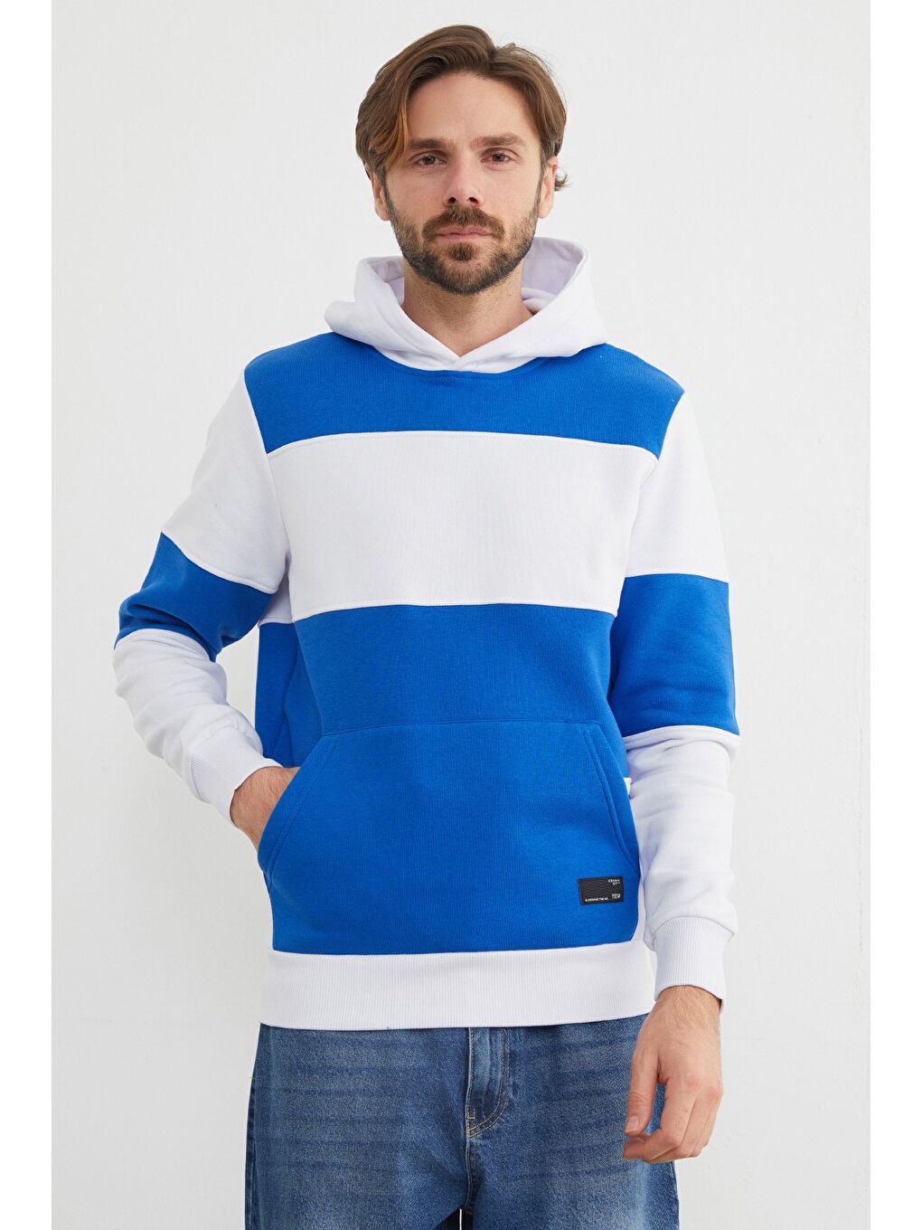 Mavi Renk Bloklu Kanguru Cepli Kapüşonlu Erkek Hoodie-1