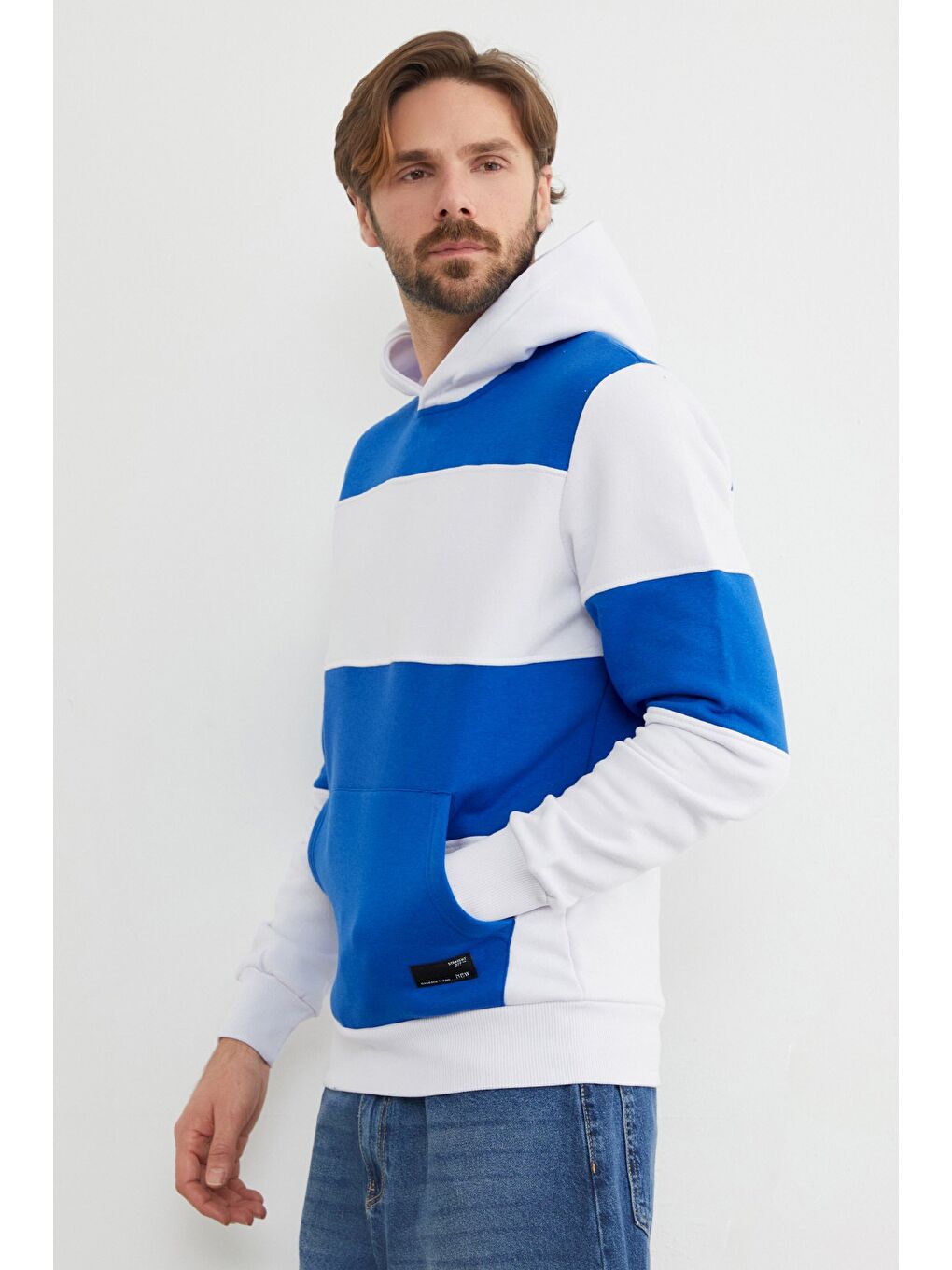 Mavi Renk Bloklu Kanguru Cepli Kapüşonlu Erkek Hoodie-3