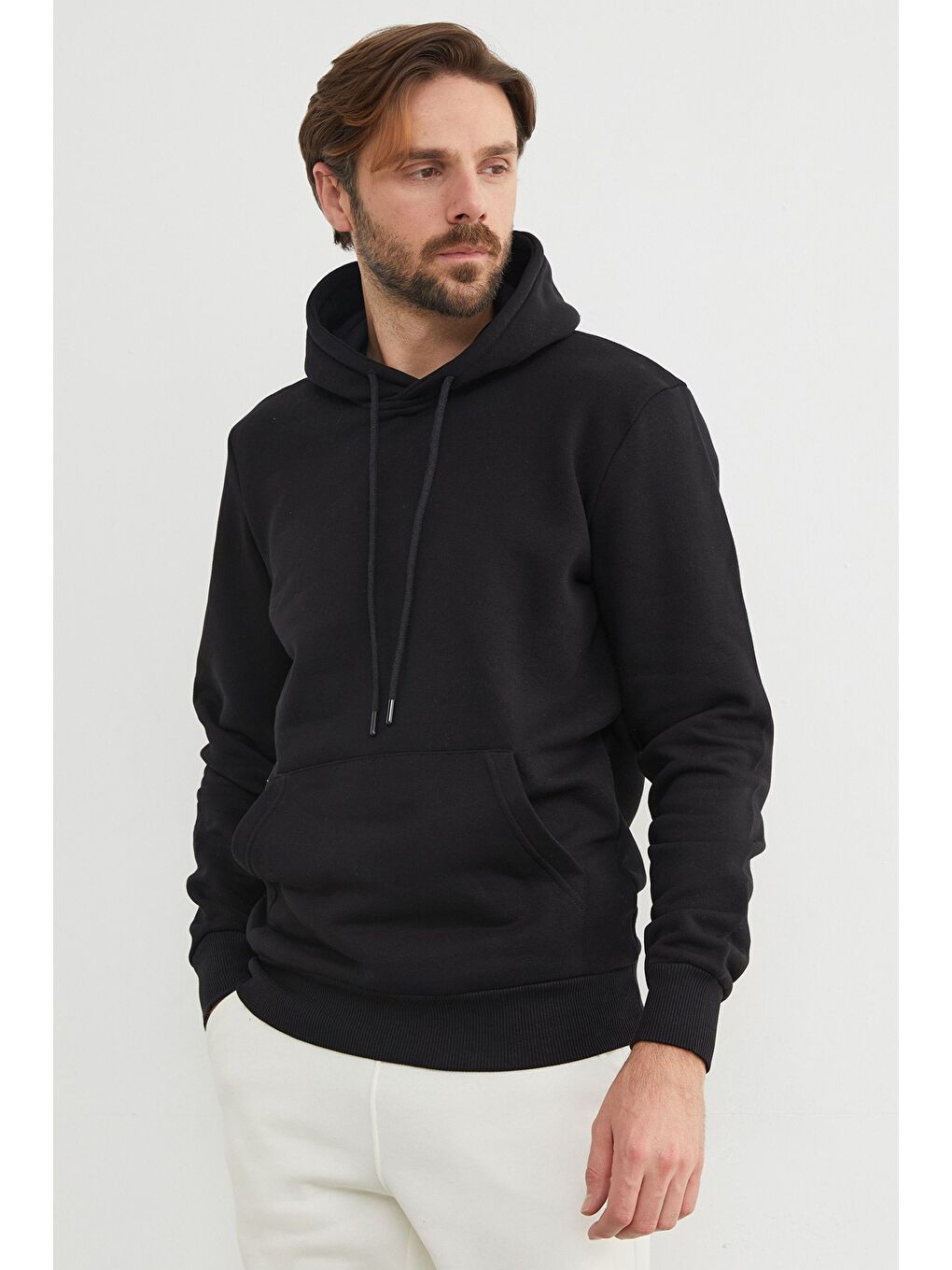 Siyah Basic Kanguru Cepli Kapüşonlu Erkek Hoodie