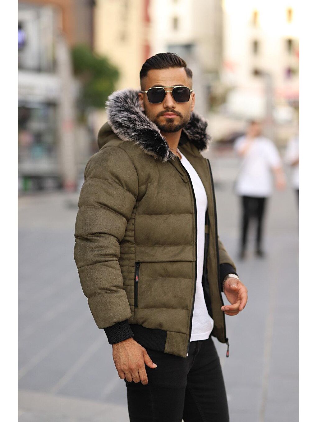 Haki Erkek Kapüşonu Kürklü Şişme Süet Mont-1