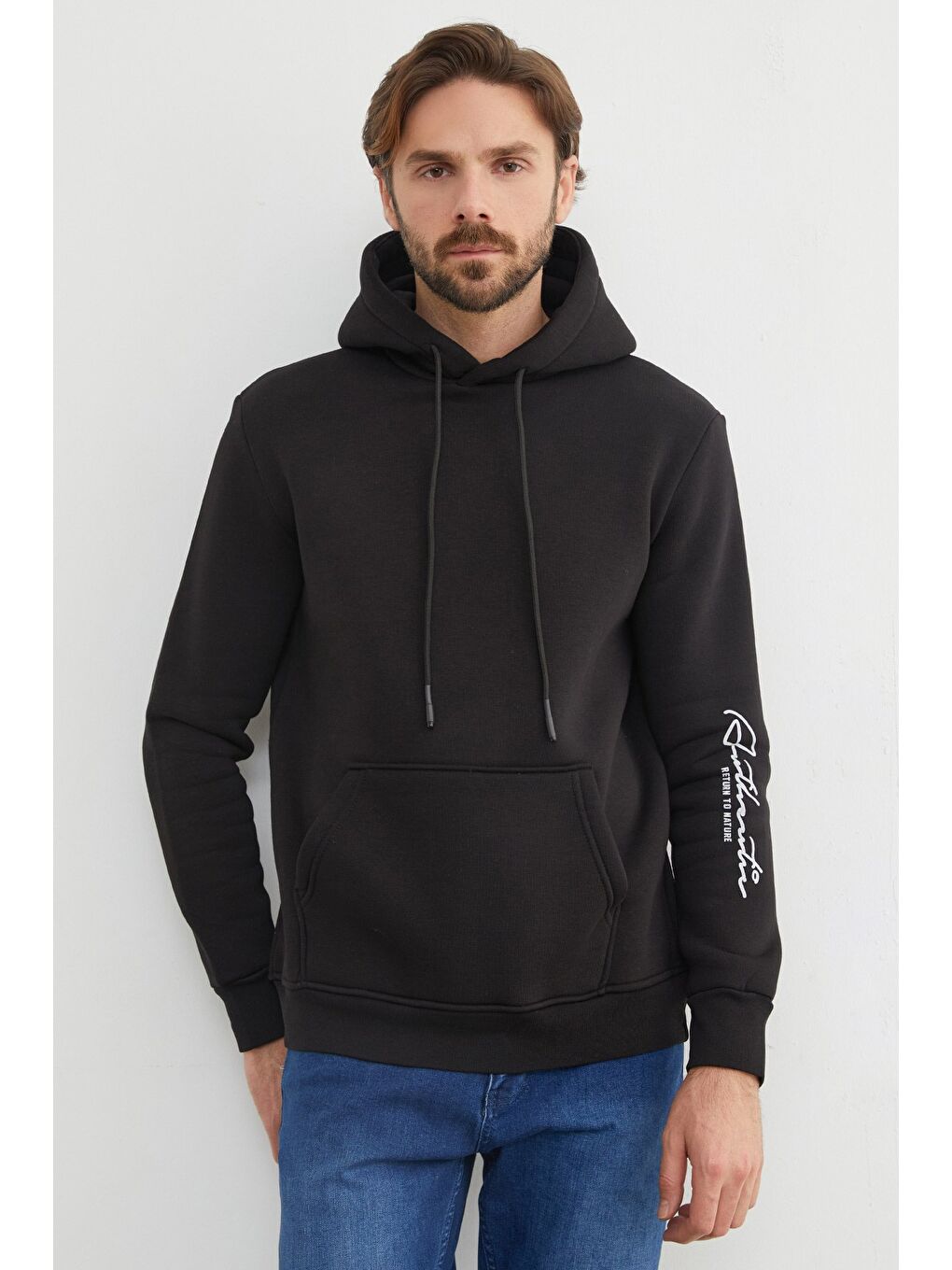 Siyah Kanguru Cepli Kapüşonlu Erkek Hoodie